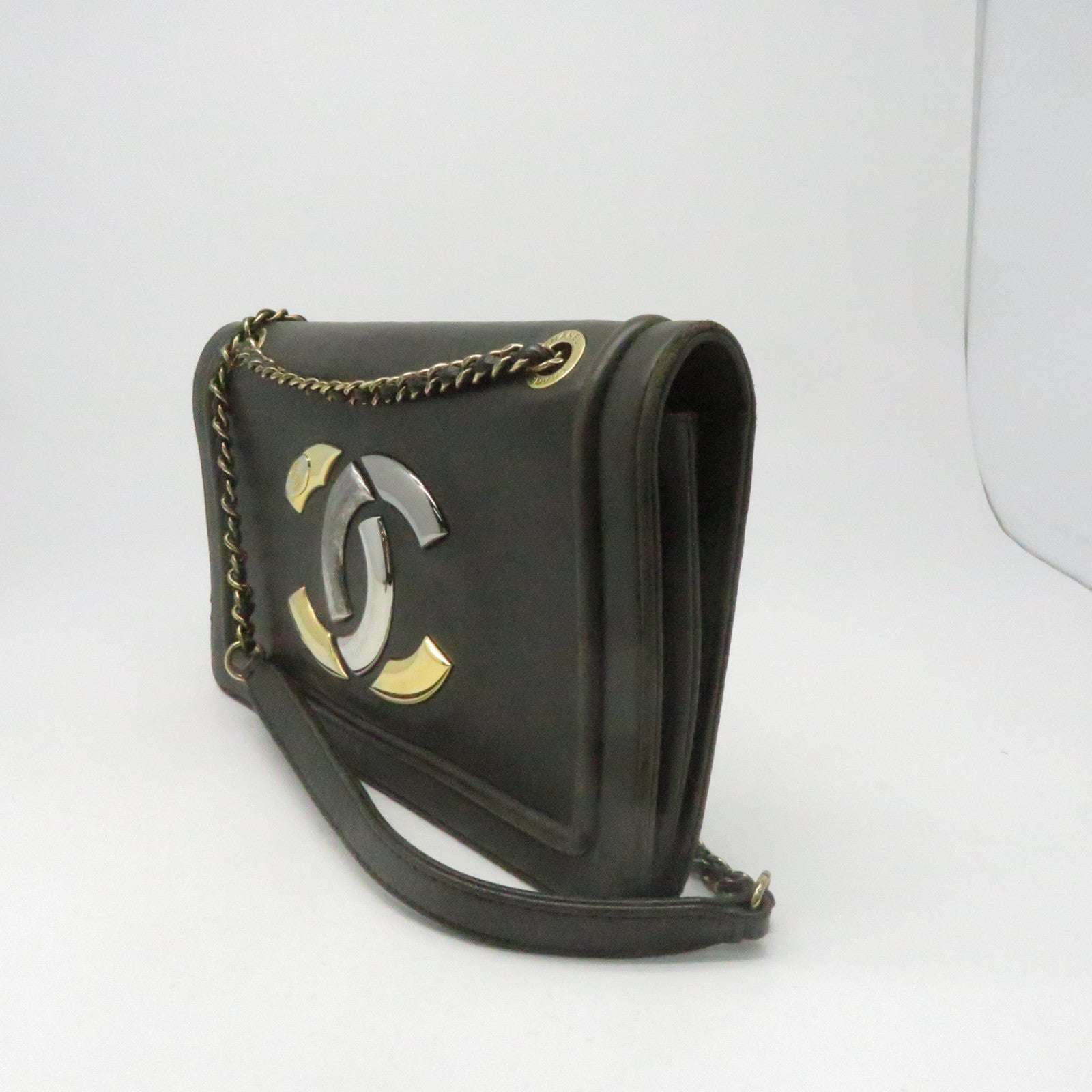 CHANEL 【清倉大減價】牛皮皮革Chain Shoulder金扣鏈帶肩背袋灰色