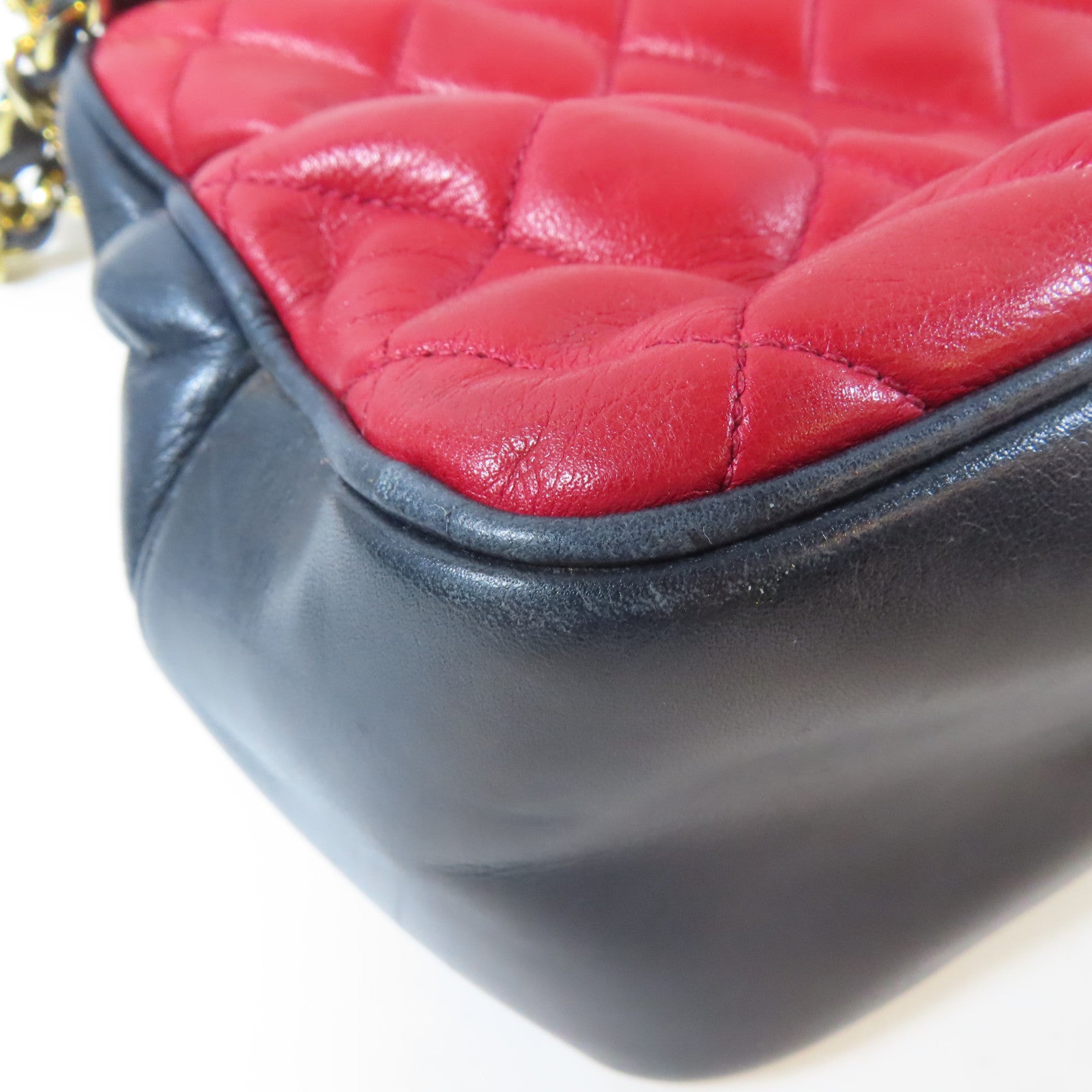 CHANEL 菱格羊皮皮革Chain Shoulder Bag金扣鏈帶肩背袋紅色/深藍色