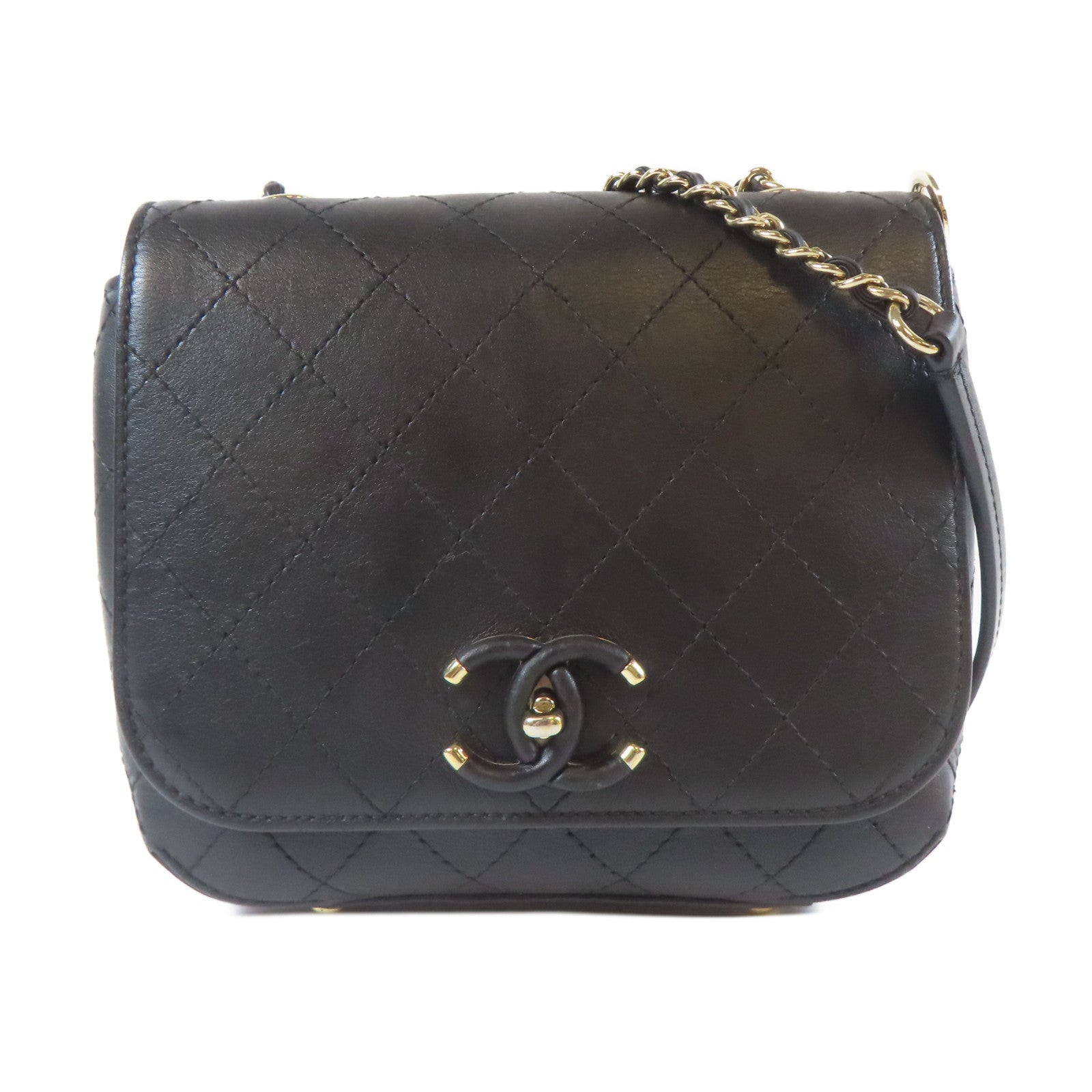 CHANEL 【激減優惠】菱格牛皮皮革Chain Shoulder金扣鏈帶肩背袋黑色