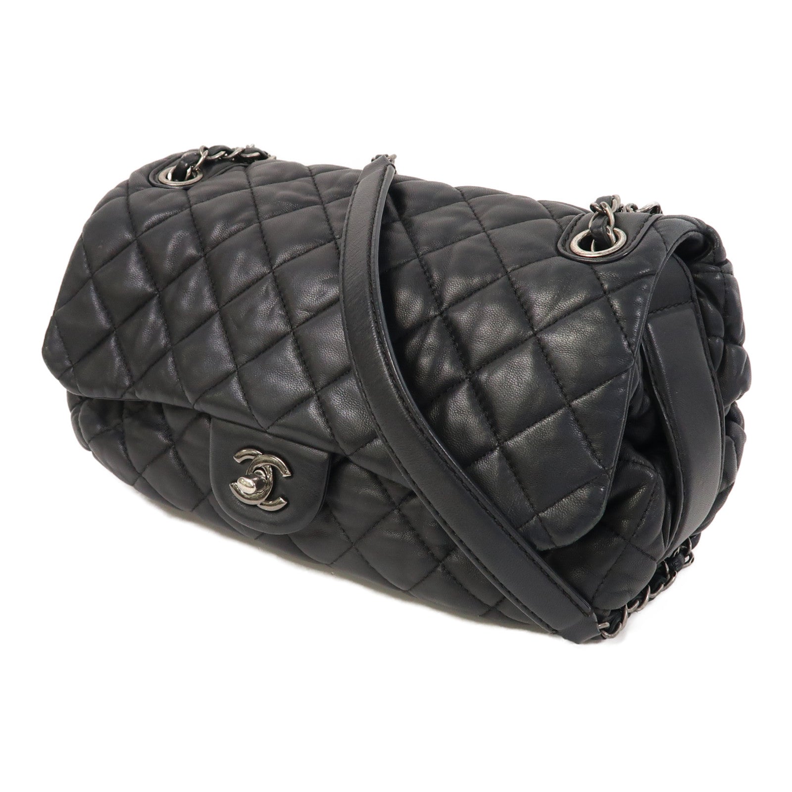 CHANEL 菱格羊皮皮革Chain Shoulder銀扣鏈帶肩背袋黑色