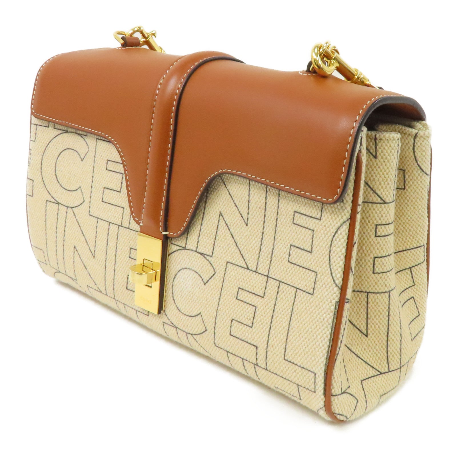 CELINE 【激減優惠】帆布/皮革Teen Soft 16金扣肩背袋米色/啡色