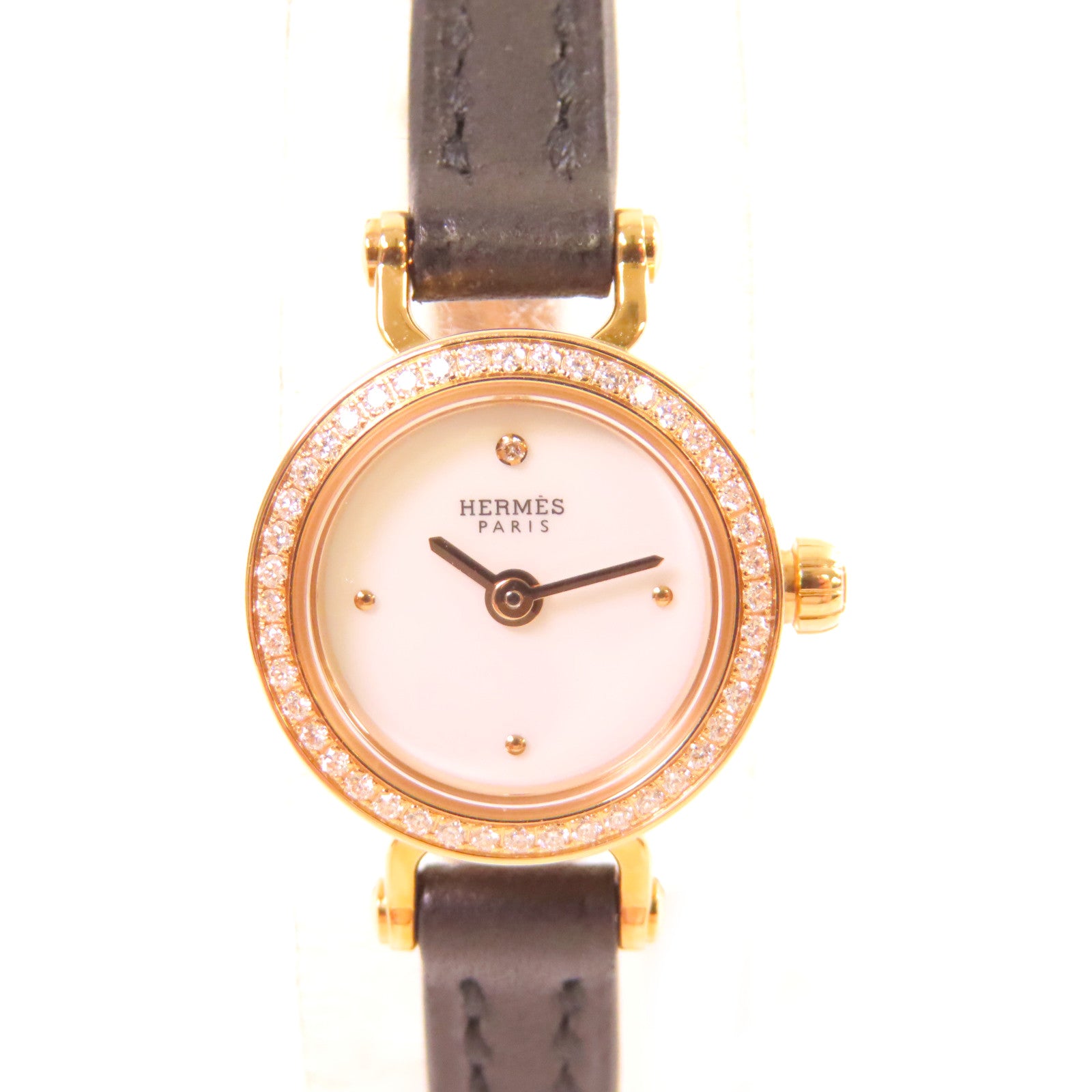 HERMES Faubourg Bezel Diamond Watch 18K玫瑰金/鑽石/皮革帶石英機芯手錶白色