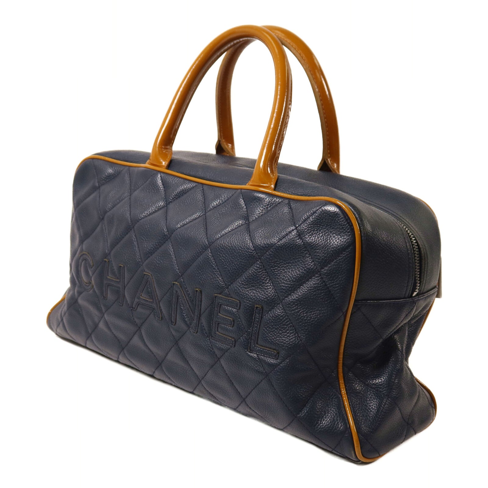 CHANEL 牛皮皮革Boston Bag銀扣手挽袋