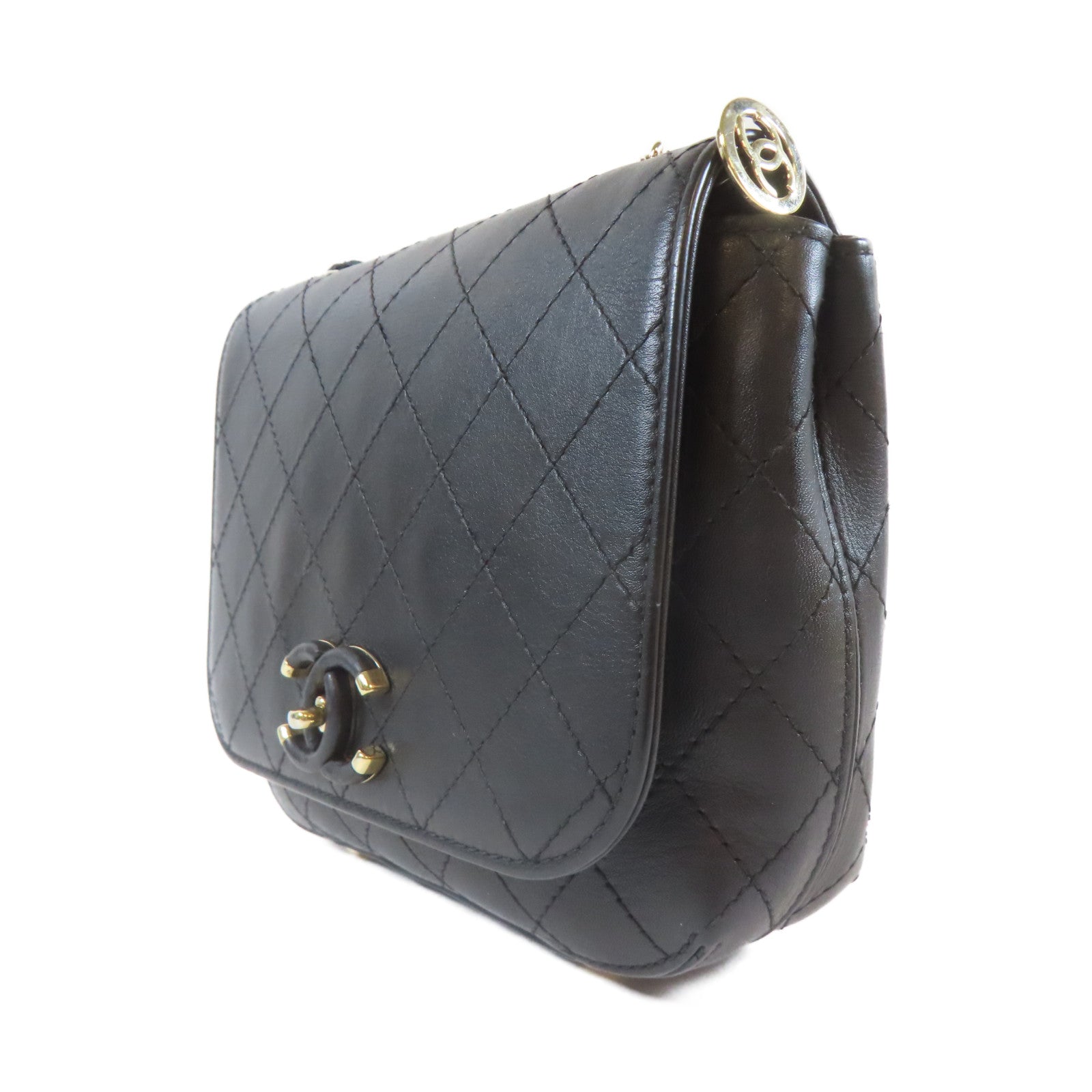 CHANEL 【激減優惠】菱格牛皮皮革Chain Shoulder金扣鏈帶肩背袋黑色