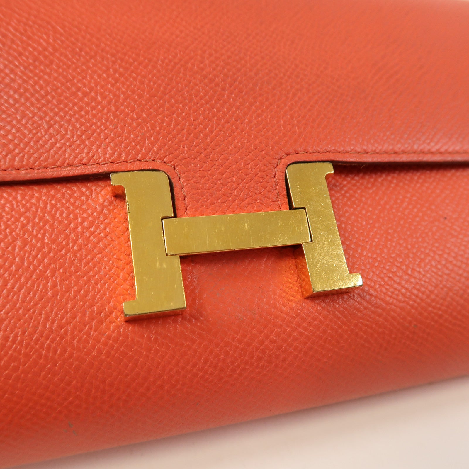 HERMES Epsom皮革Constance Long Wallet金扣長錢包Rose Texas橘紅色