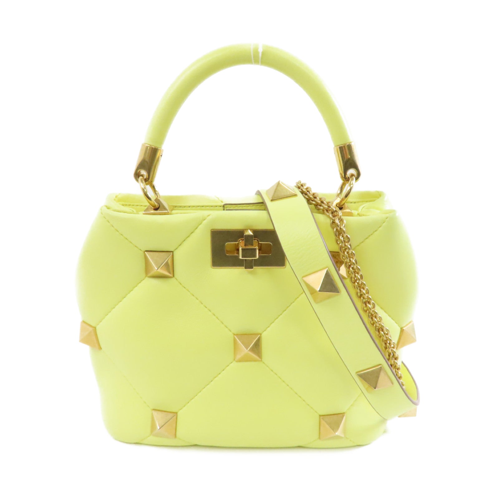 Valentino 牛皮皮革Valentino Garavani Roman Stud金扣手挽肩背兩用袋黃色