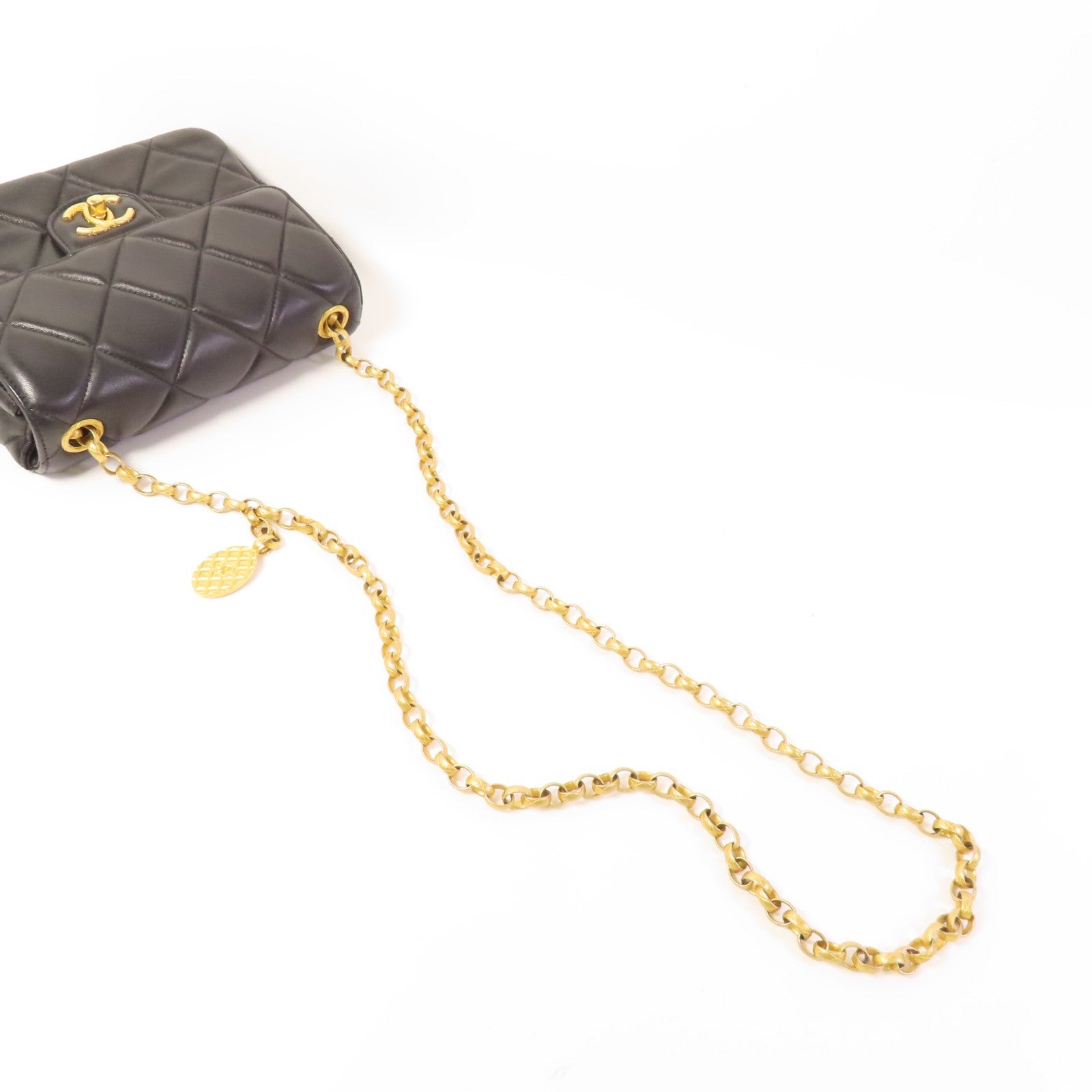 CHANEL CC GHW Gold Coin Chain Flap Shoulder Bag Lambskin Leather Black