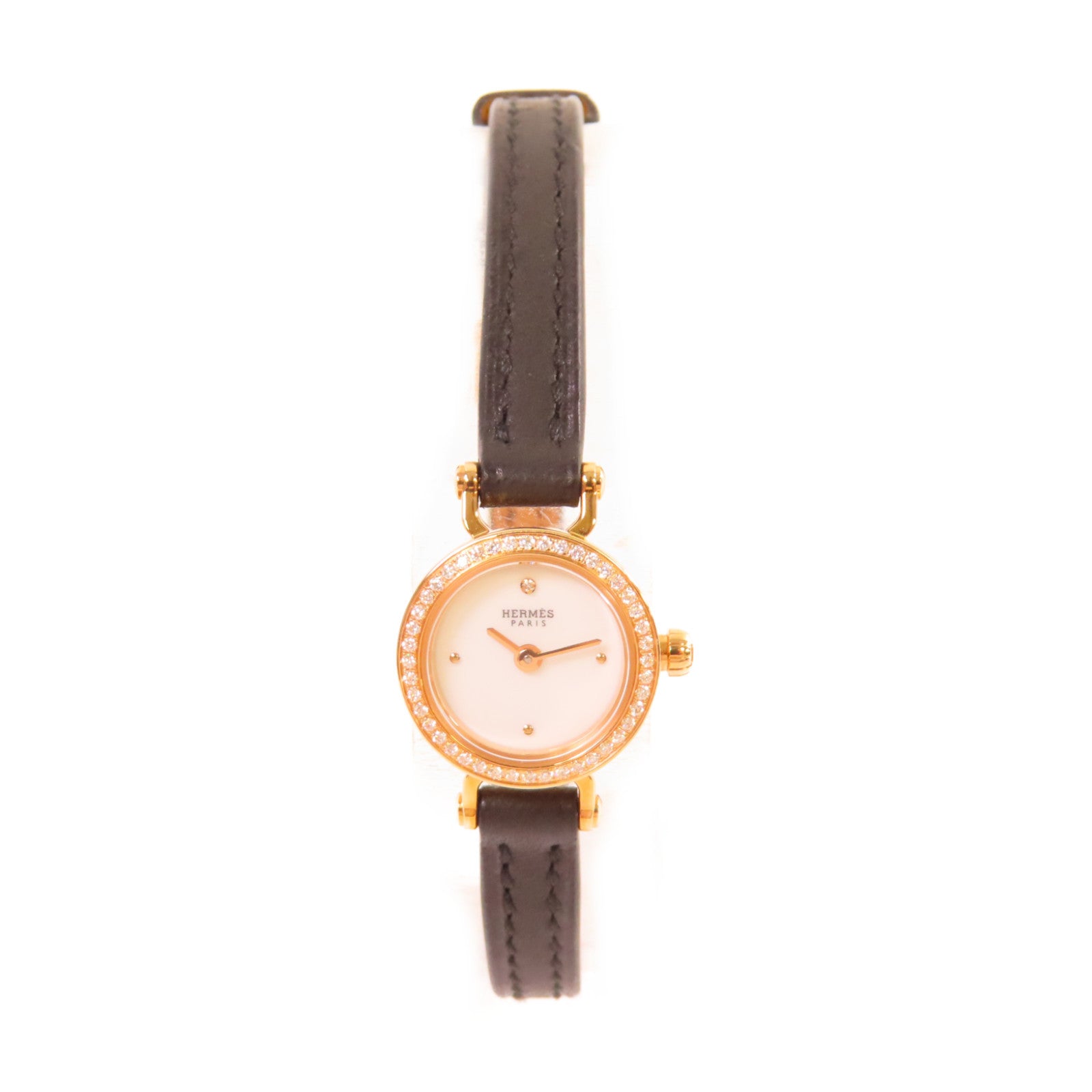HERMES Faubourg Bezel Diamond Watch 18K玫瑰金/鑽石/皮革帶石英機芯手錶白色