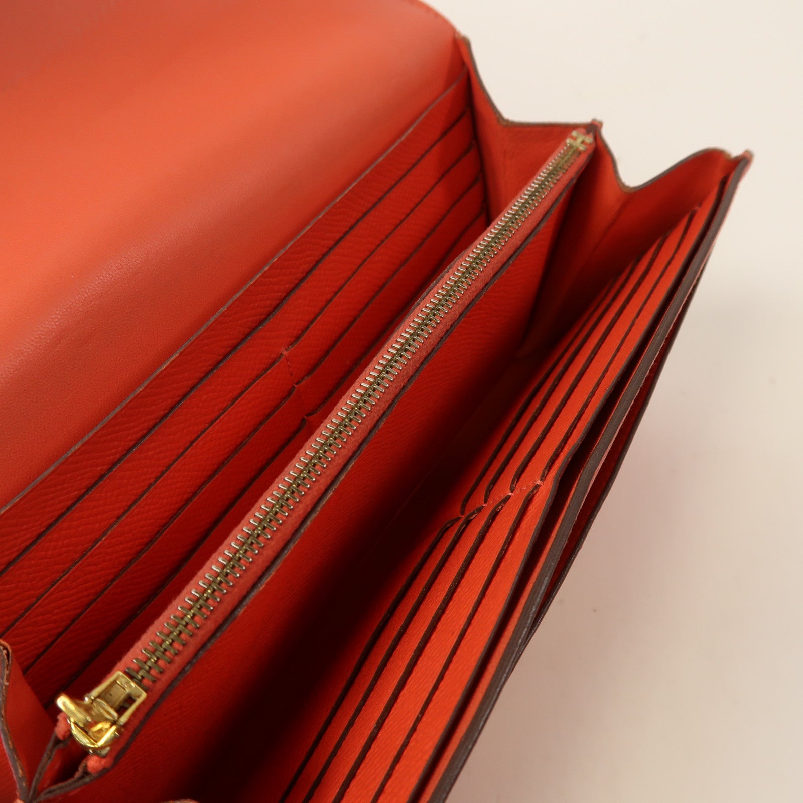 HERMES Epsom皮革Constance Long Wallet金扣長錢包Rose Texas橘紅色