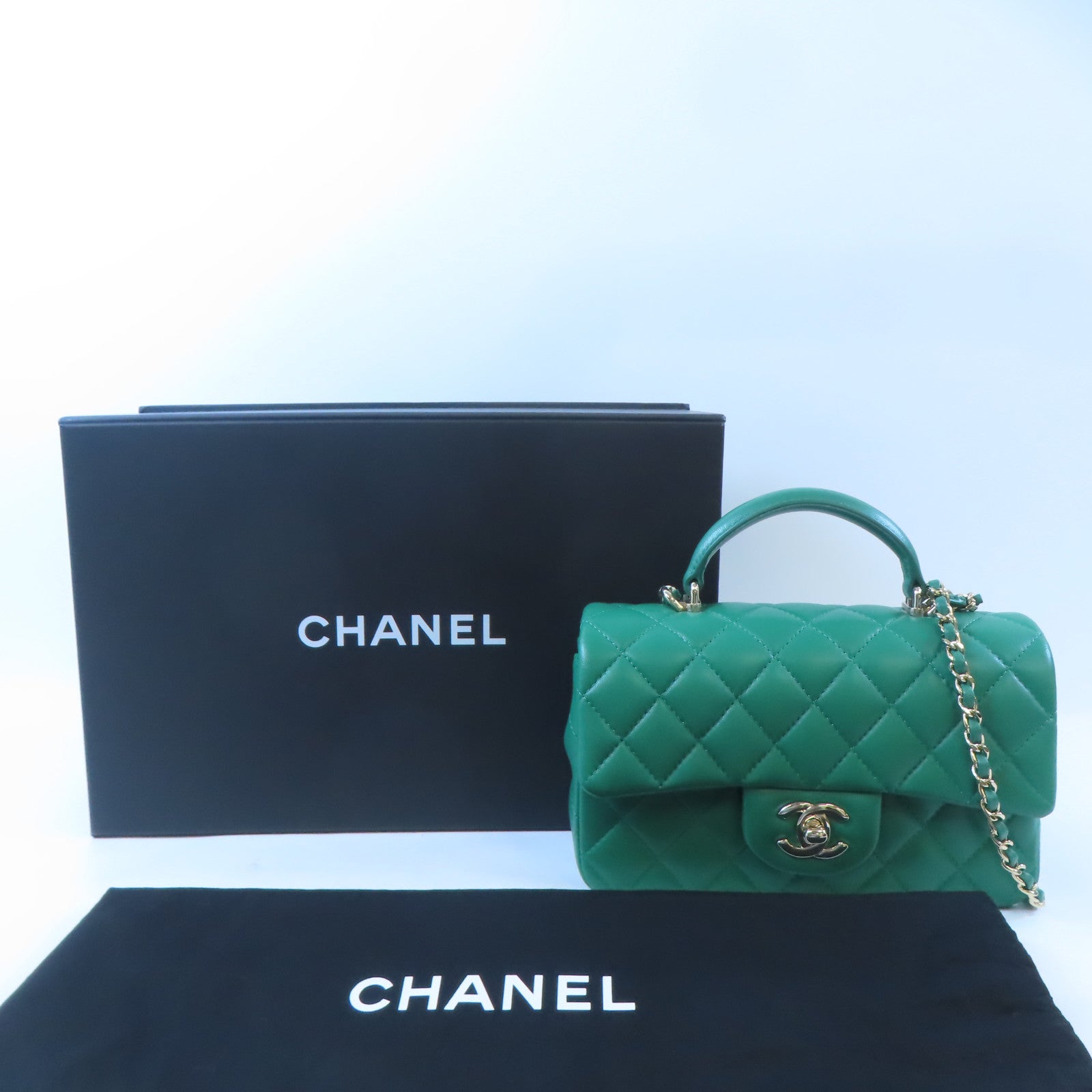 CHANEL 牛皮皮革Mini Flap Bag金扣手挽肩背兩用袋綠色