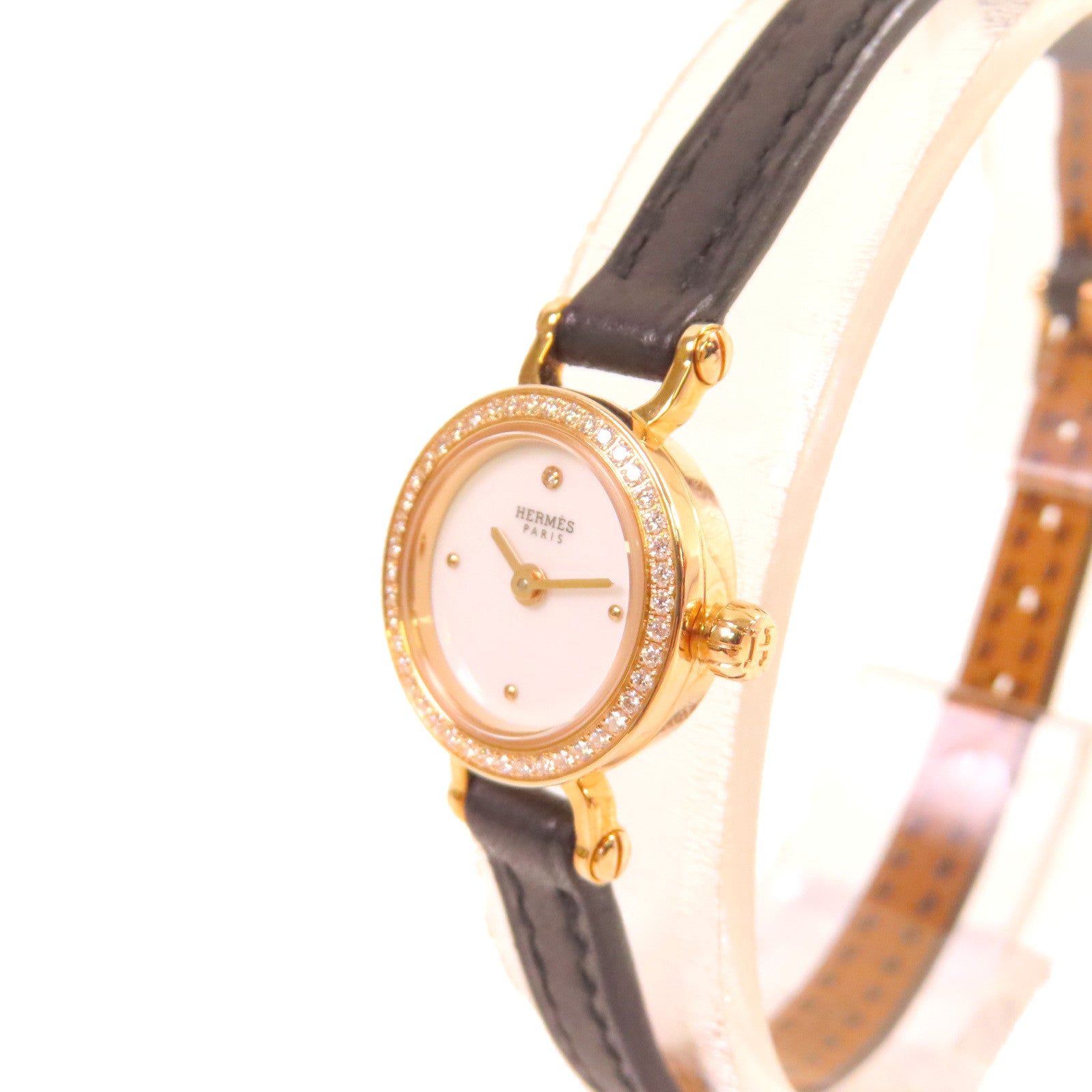 HERMES Faubourg Bezel Diamond Watch 18K玫瑰金/鑽石/皮革帶石英機芯手錶白色