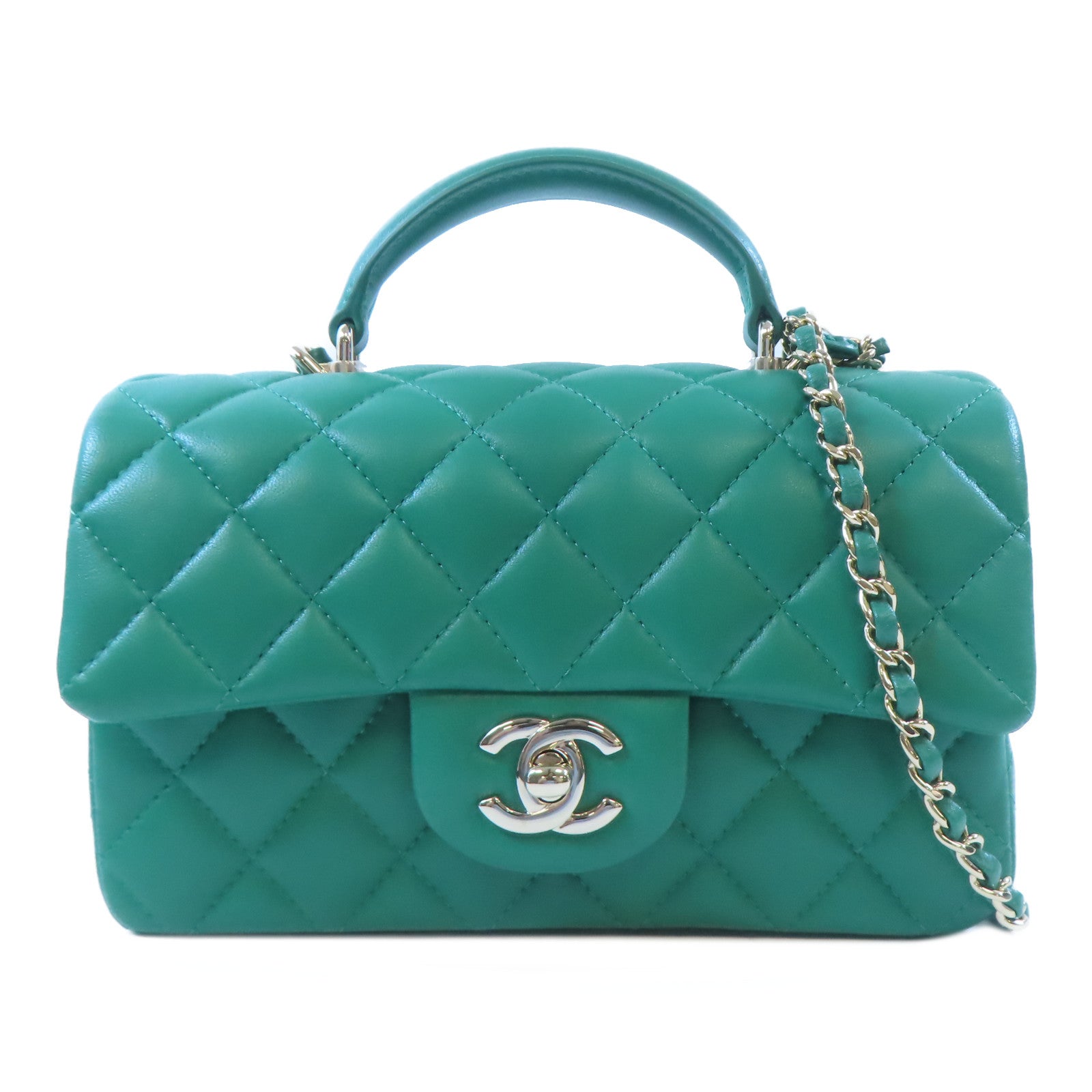 CHANEL 牛皮皮革Mini Flap Bag金扣手挽肩背兩用袋綠色