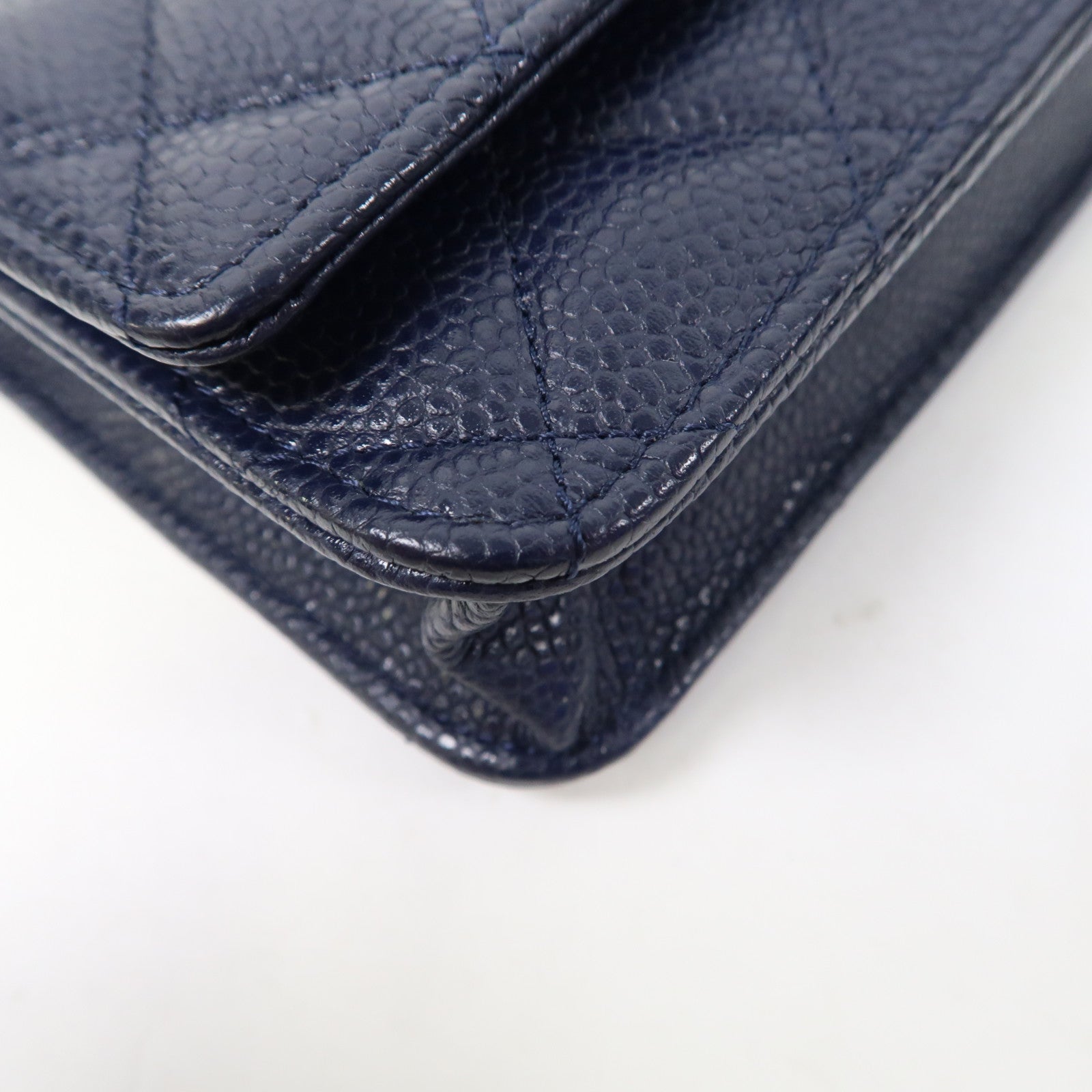 CHANEL 菱格Caviar皮革Wallet On Chain銀扣鏈帶肩背袋深藍色