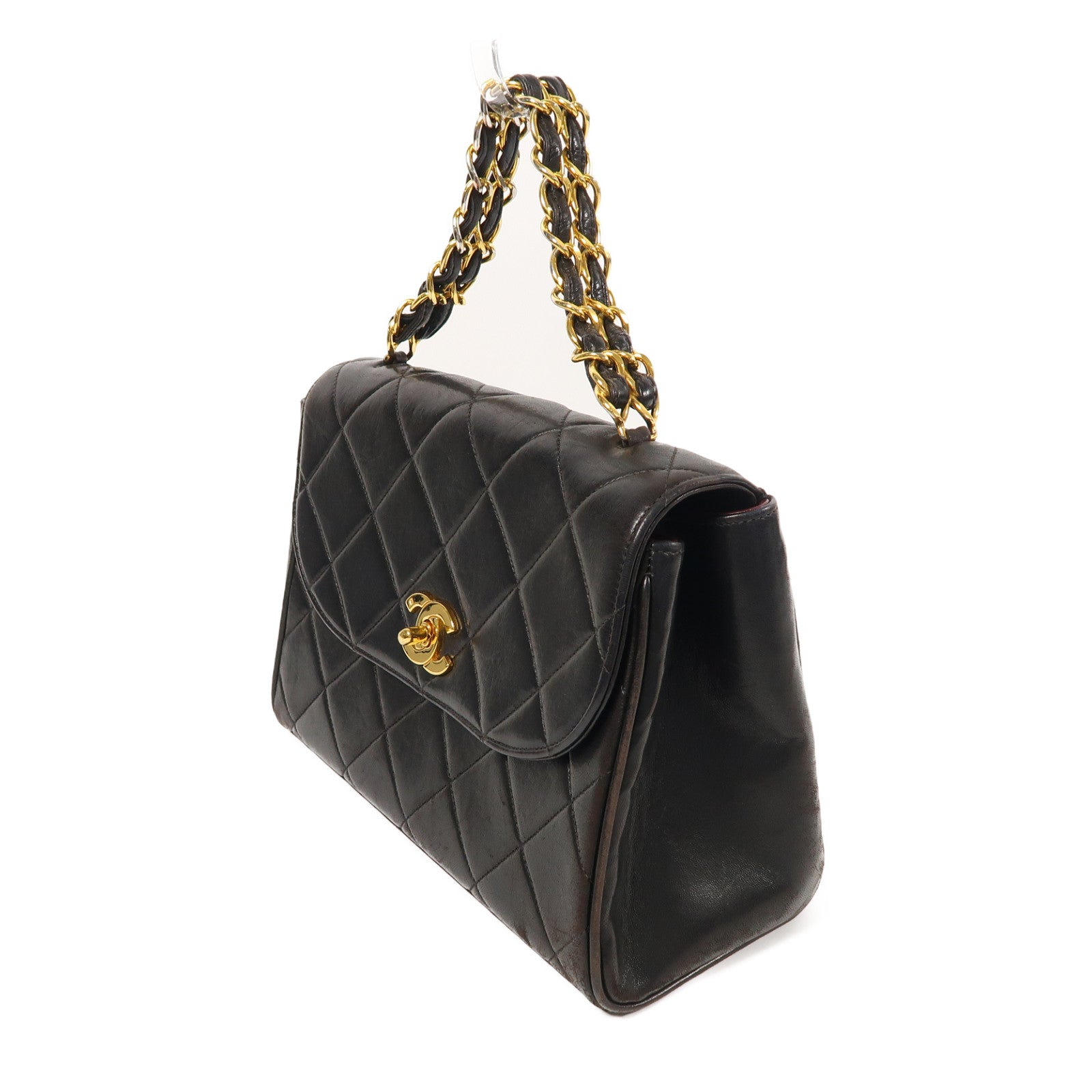 CHANEL 菱格羊皮皮革Vintage Handbag金扣手挽袋黑色