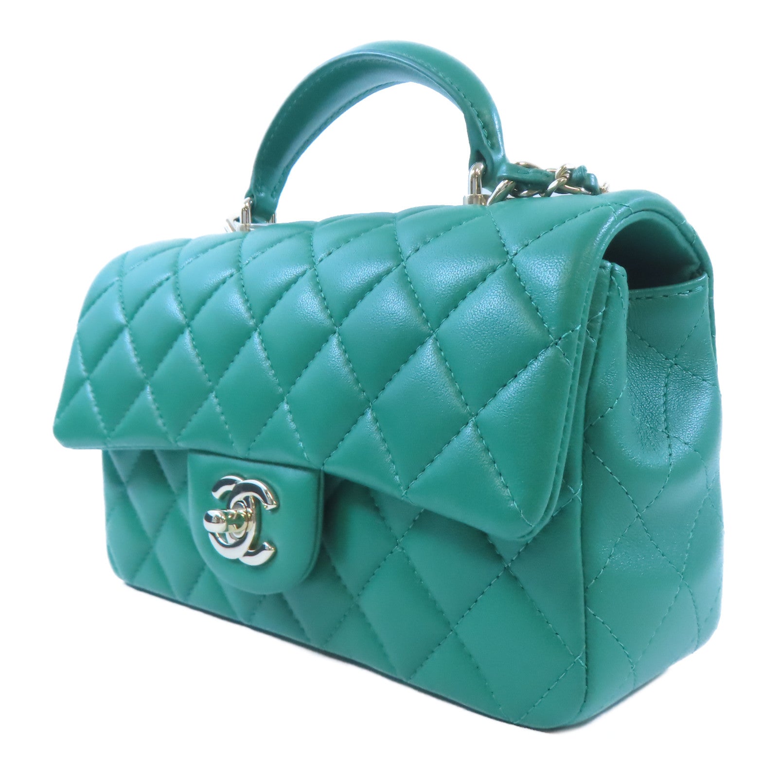 CHANEL 牛皮皮革Mini Flap Bag金扣手挽肩背兩用袋綠色