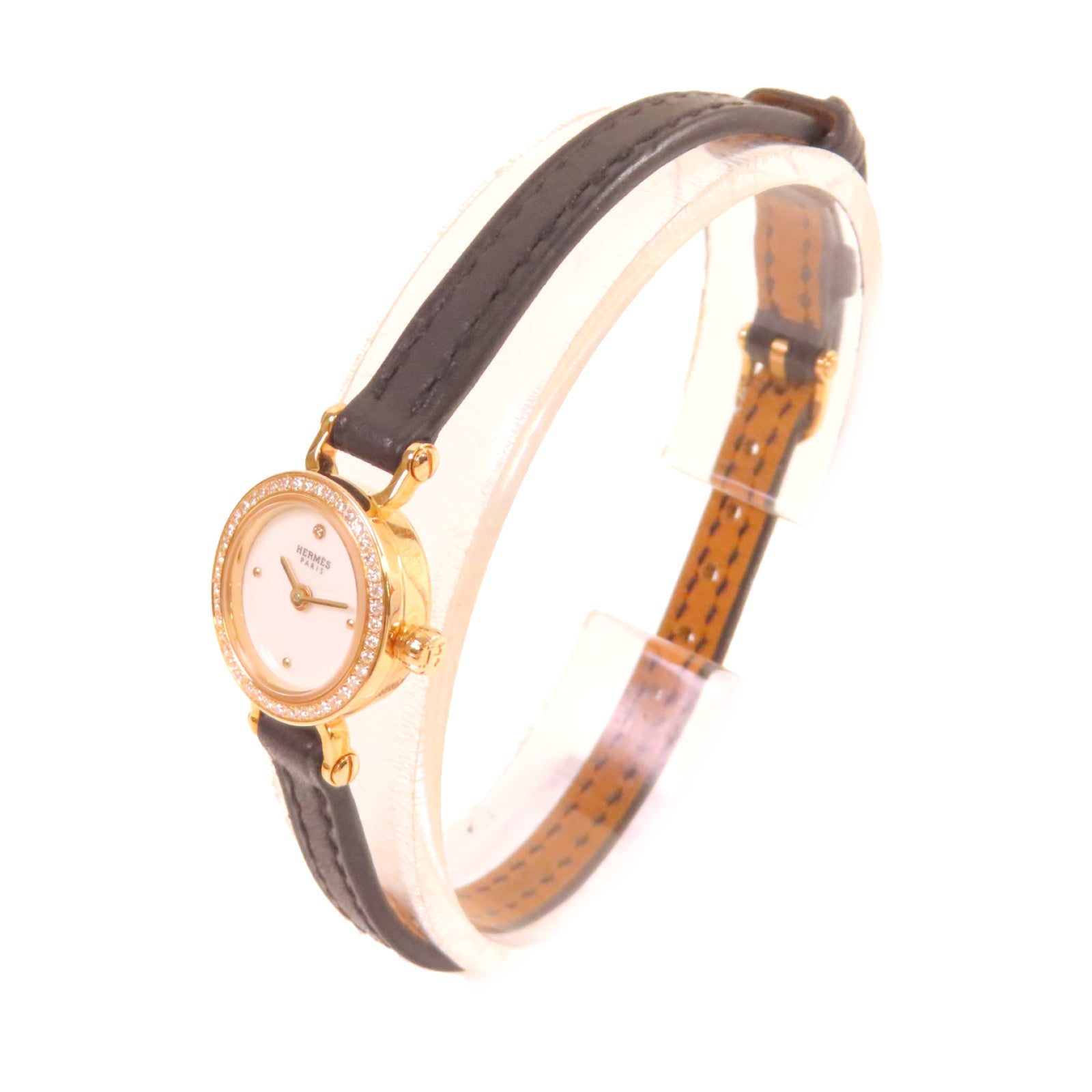 HERMES Faubourg Bezel Diamond Watch 18K玫瑰金/鑽石/皮革帶石英機芯手錶白色