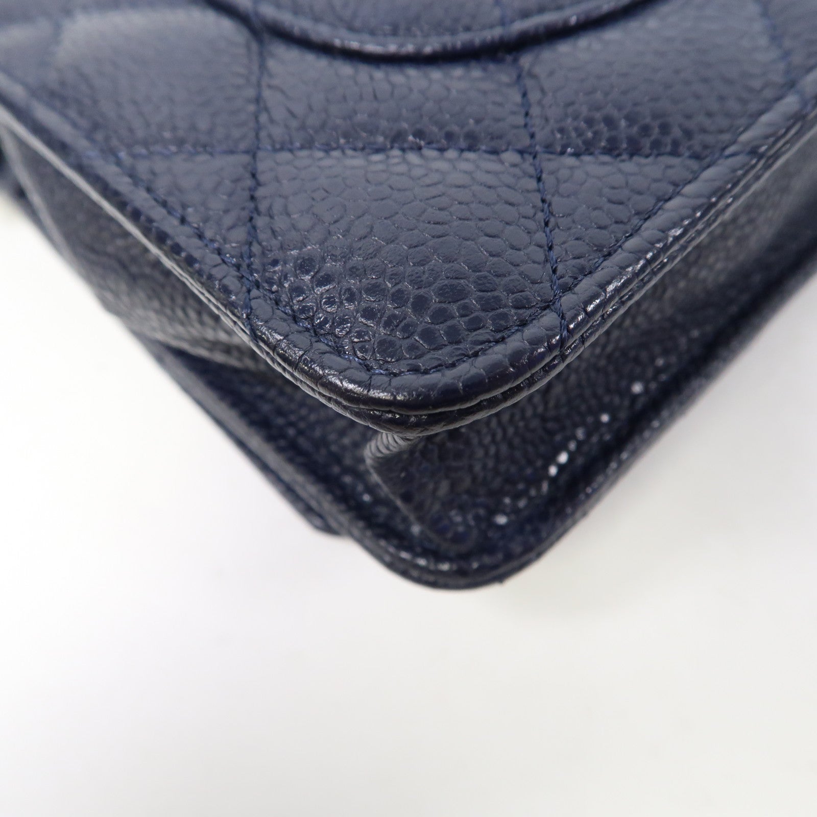 CHANEL 菱格Caviar皮革Wallet On Chain銀扣鏈帶肩背袋深藍色
