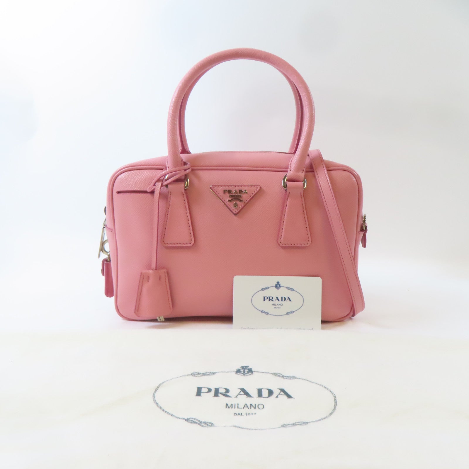 PRADA 皮革Triangle Logo Plate銀扣手挽肩背兩用袋粉紅色