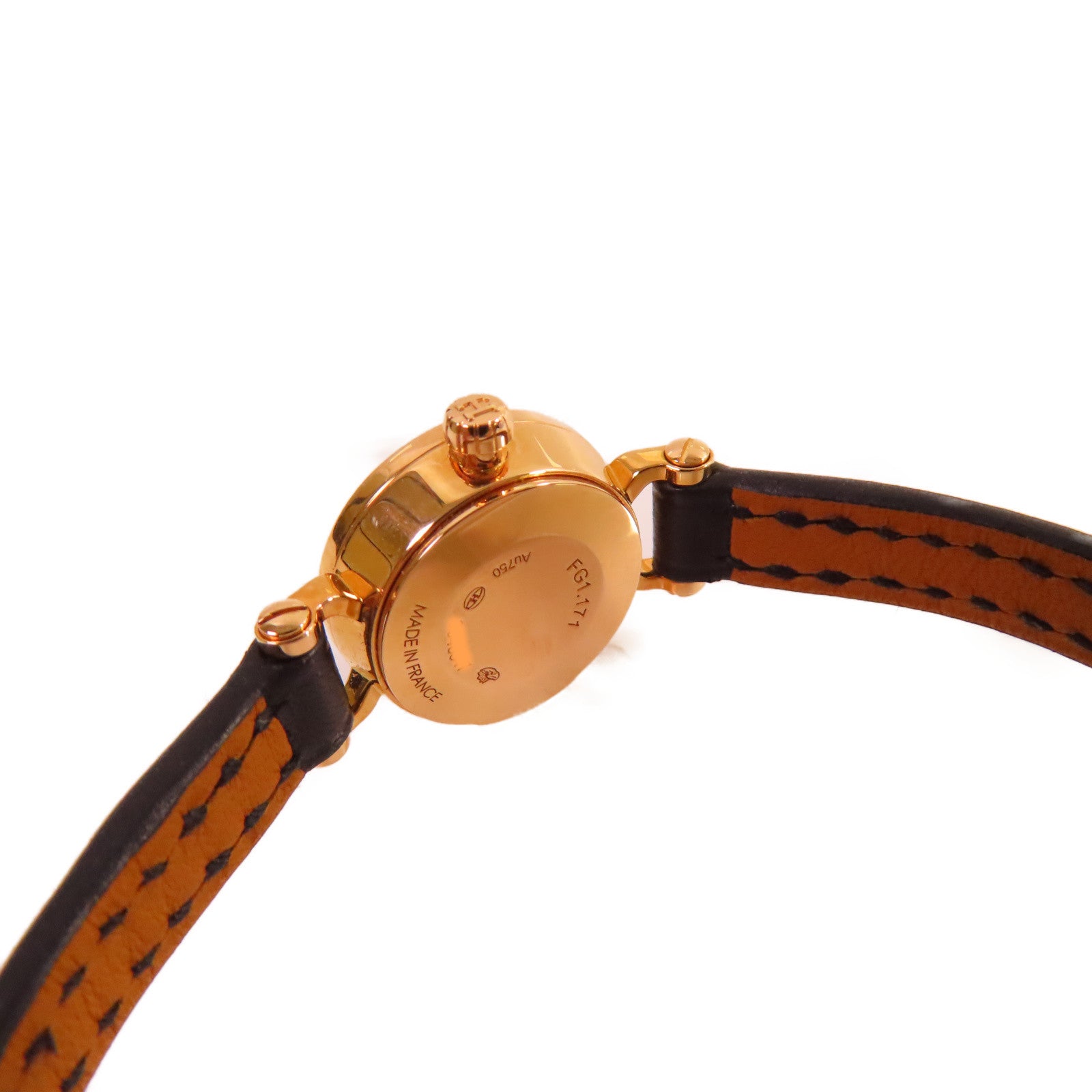 HERMES Faubourg Bezel Diamond Watch 18K玫瑰金/鑽石/皮革帶石英機芯手錶白色