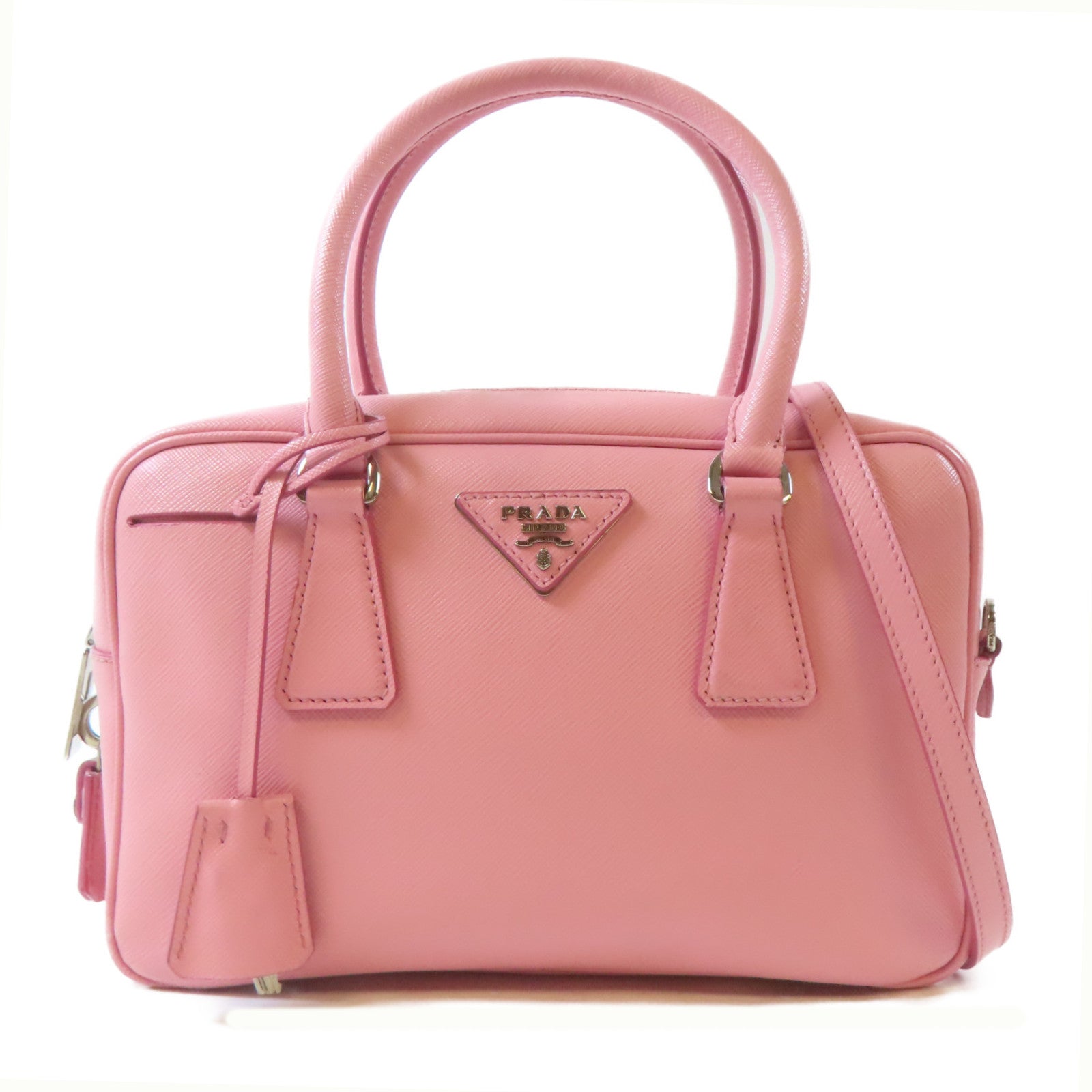 PRADA 皮革Triangle Logo Plate銀扣手挽肩背兩用袋粉紅色