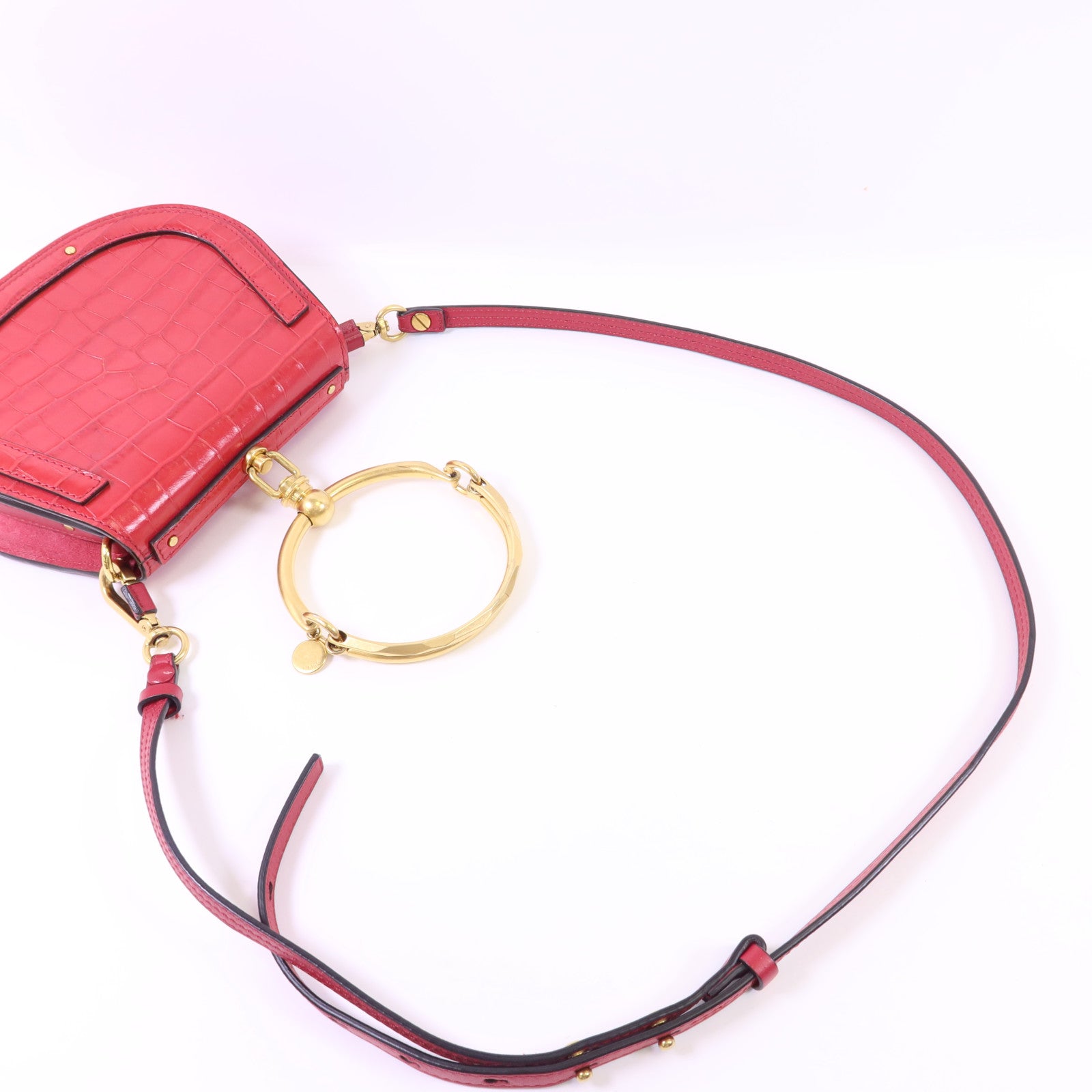 Chloe 牛皮皮革Small Cherry Pink Fuchsia Croc Embossed金扣手挽肩背兩用袋