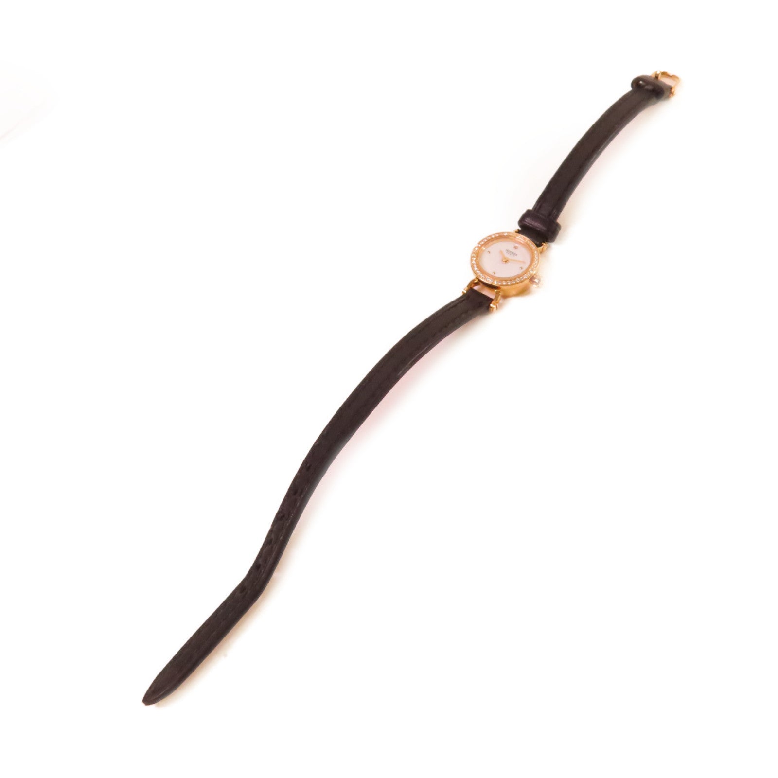 HERMES Faubourg Bezel Diamond Watch 18K玫瑰金/鑽石/皮革帶石英機芯手錶白色