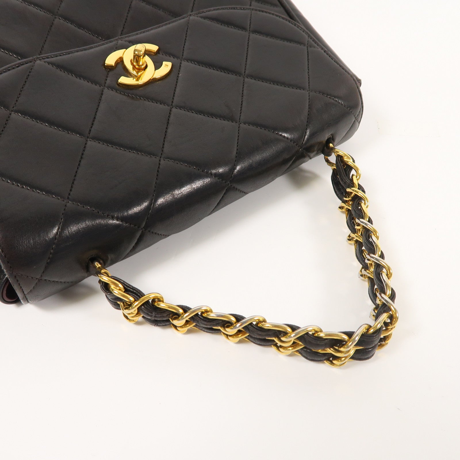 CHANEL 菱格羊皮皮革Vintage Handbag金扣手挽袋黑色