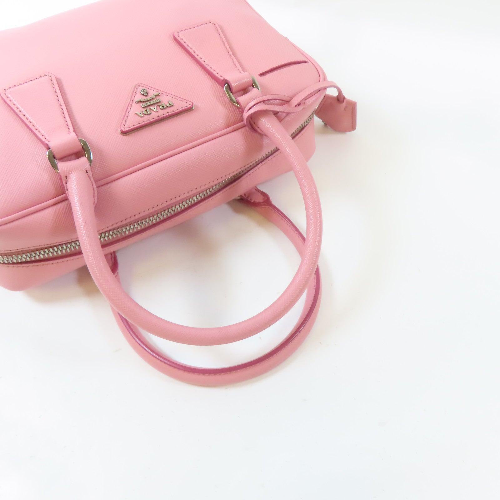 PRADA 皮革Triangle Logo Plate銀扣手挽肩背兩用袋粉紅色