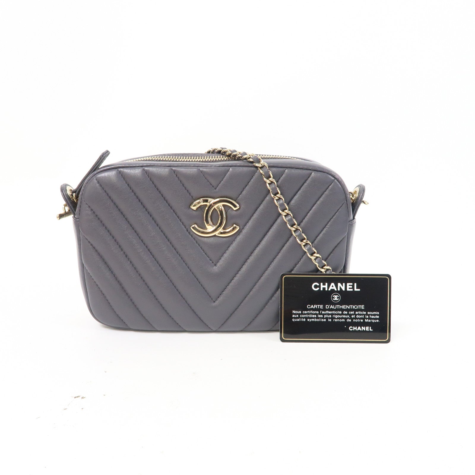 CHANEL 斜紋羊皮皮革Chervon Camera Bag金扣鏈帶肩背袋灰色