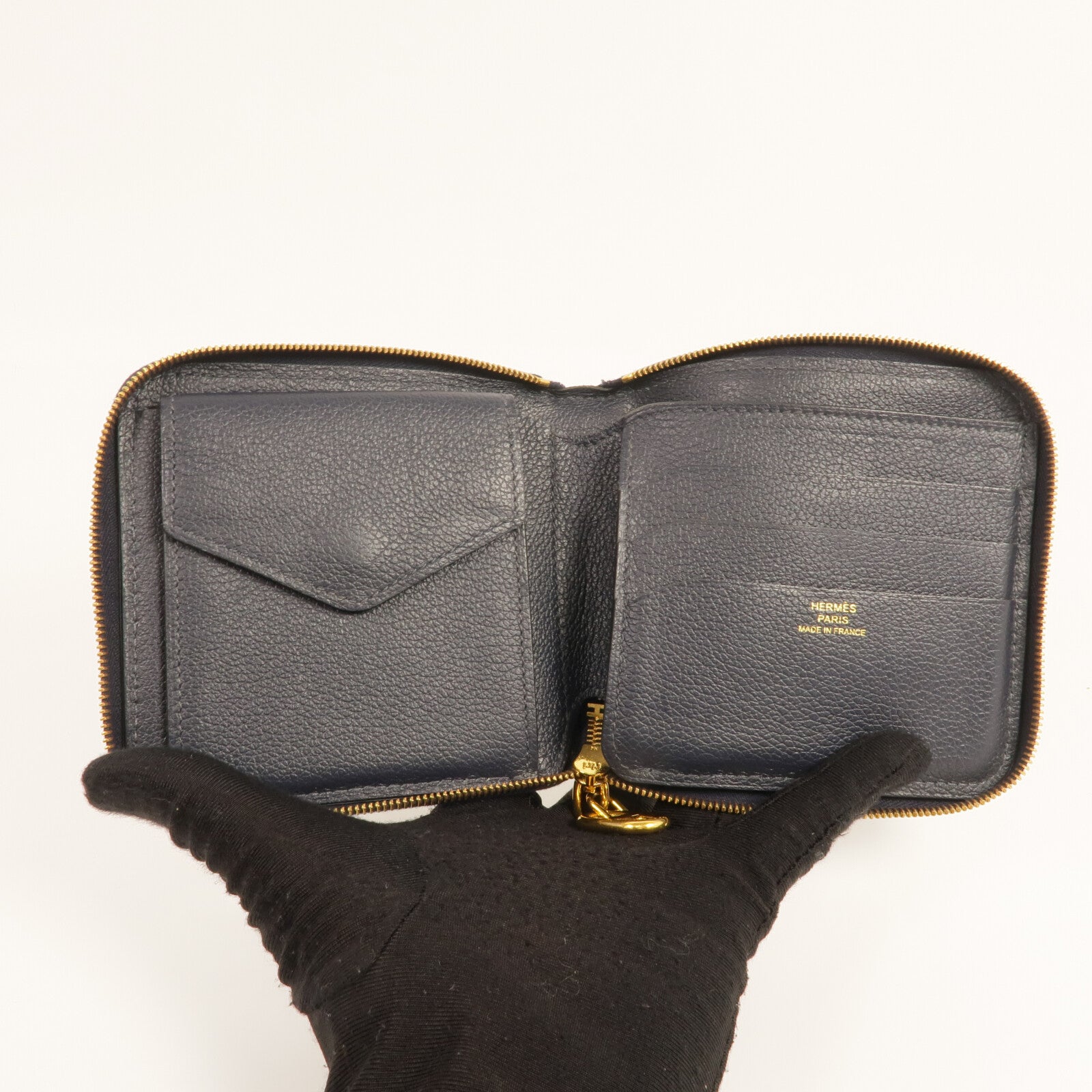 HERMES Evercolor皮革Zipper Wallet金扣錢包Bleu Nuit