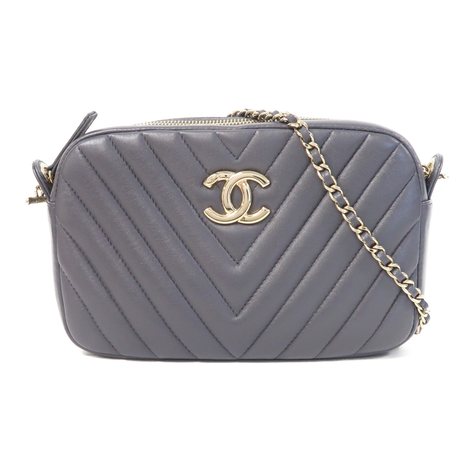 CHANEL 斜紋羊皮皮革Chervon Camera Bag金扣鏈帶肩背袋灰色