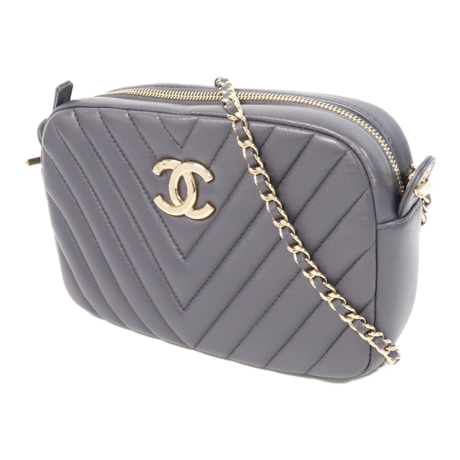 CHANEL 斜紋羊皮皮革Chervon Camera Bag金扣鏈帶肩背袋灰色