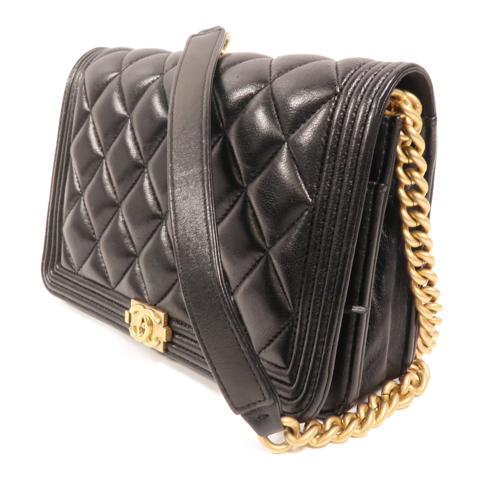 CHANEL 羊皮皮革Boy Wallet On Chain金扣鏈帶肩背袋