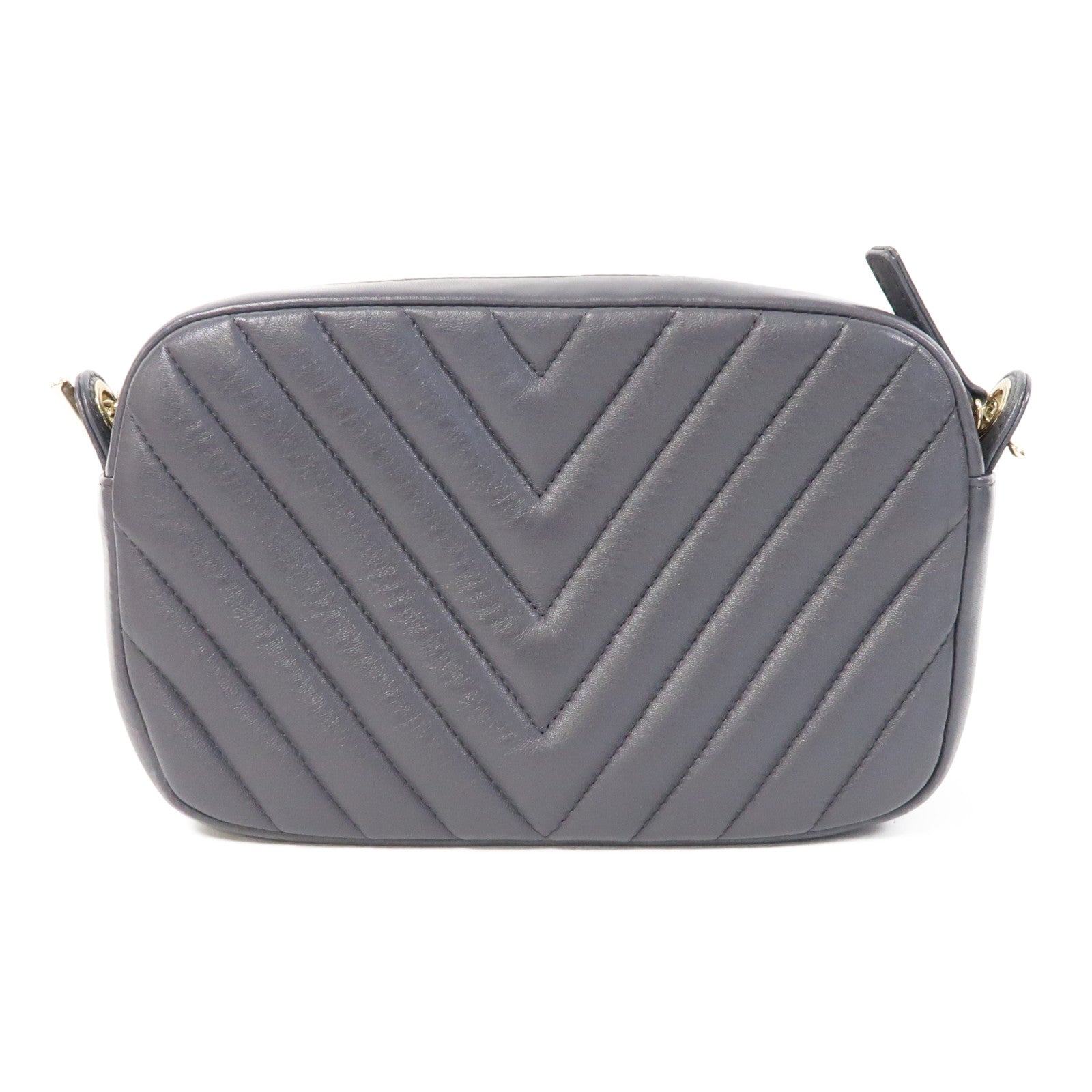 CHANEL 斜紋羊皮皮革Chervon Camera Bag金扣鏈帶肩背袋灰色