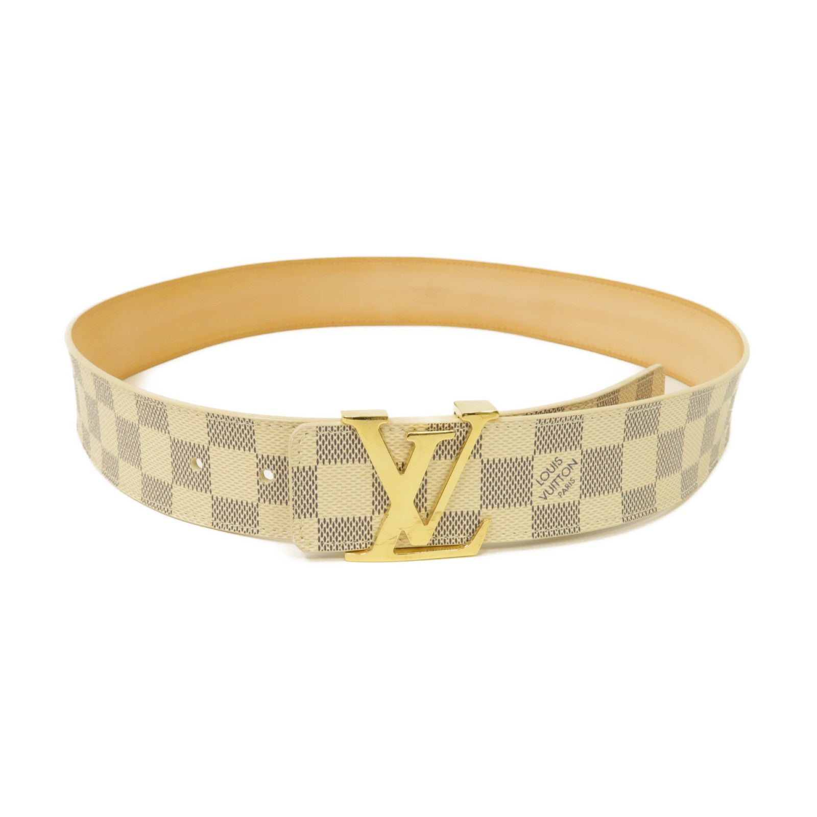 LOUIS VUITTON Damier Azur Belt金扣皮帶白色