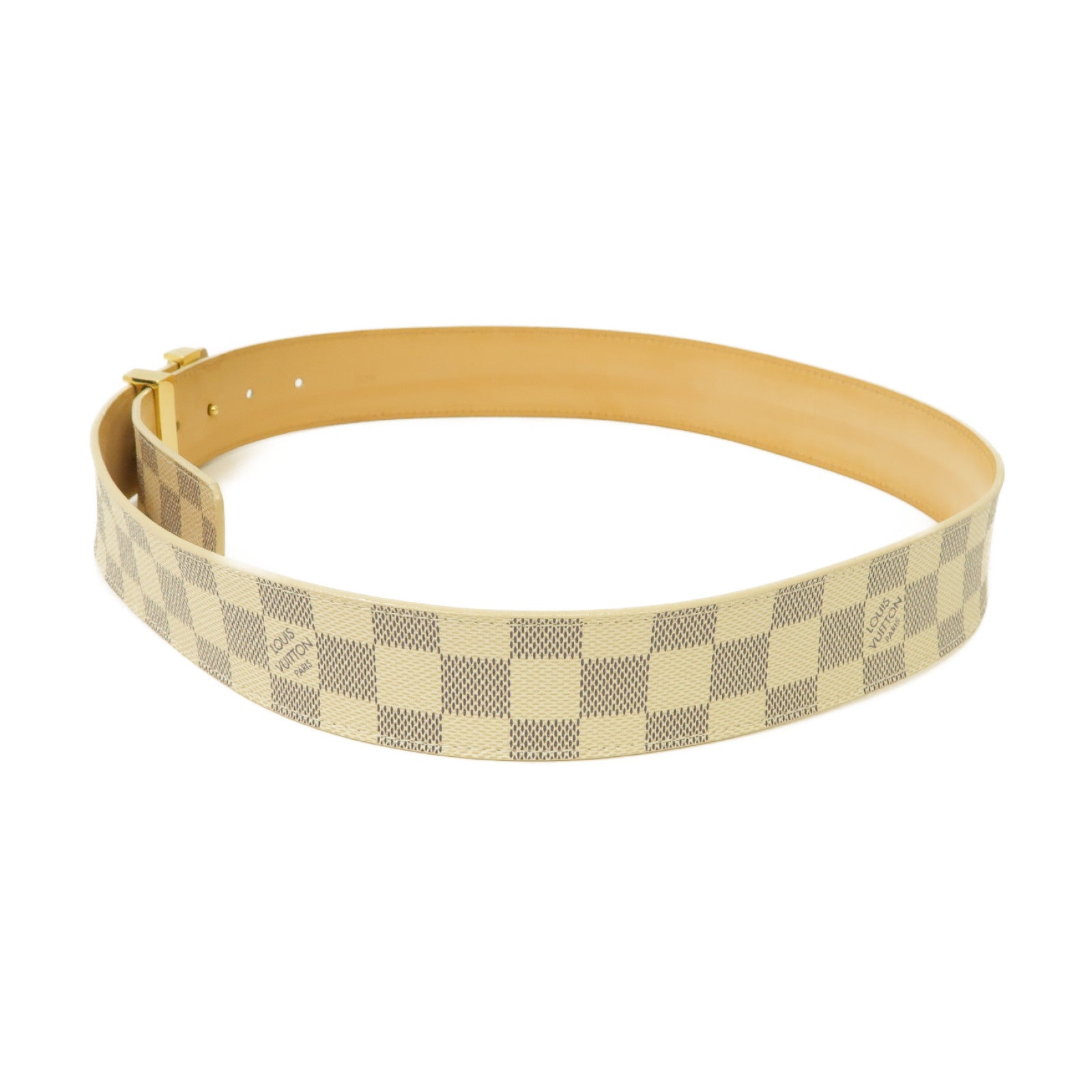 LOUIS VUITTON Damier Azur Belt金扣皮帶白色