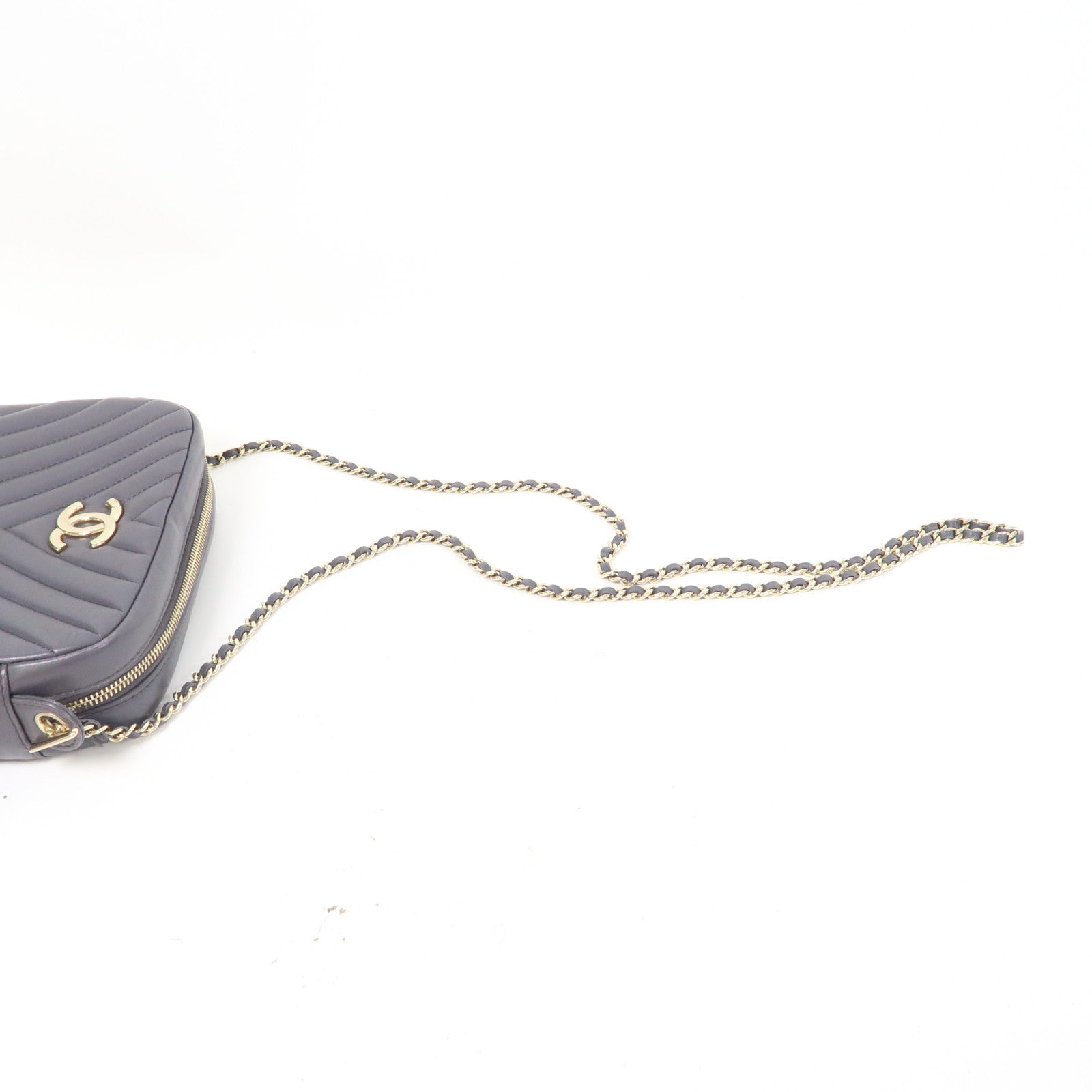 CHANEL 斜紋羊皮皮革Chervon Camera Bag金扣鏈帶肩背袋灰色