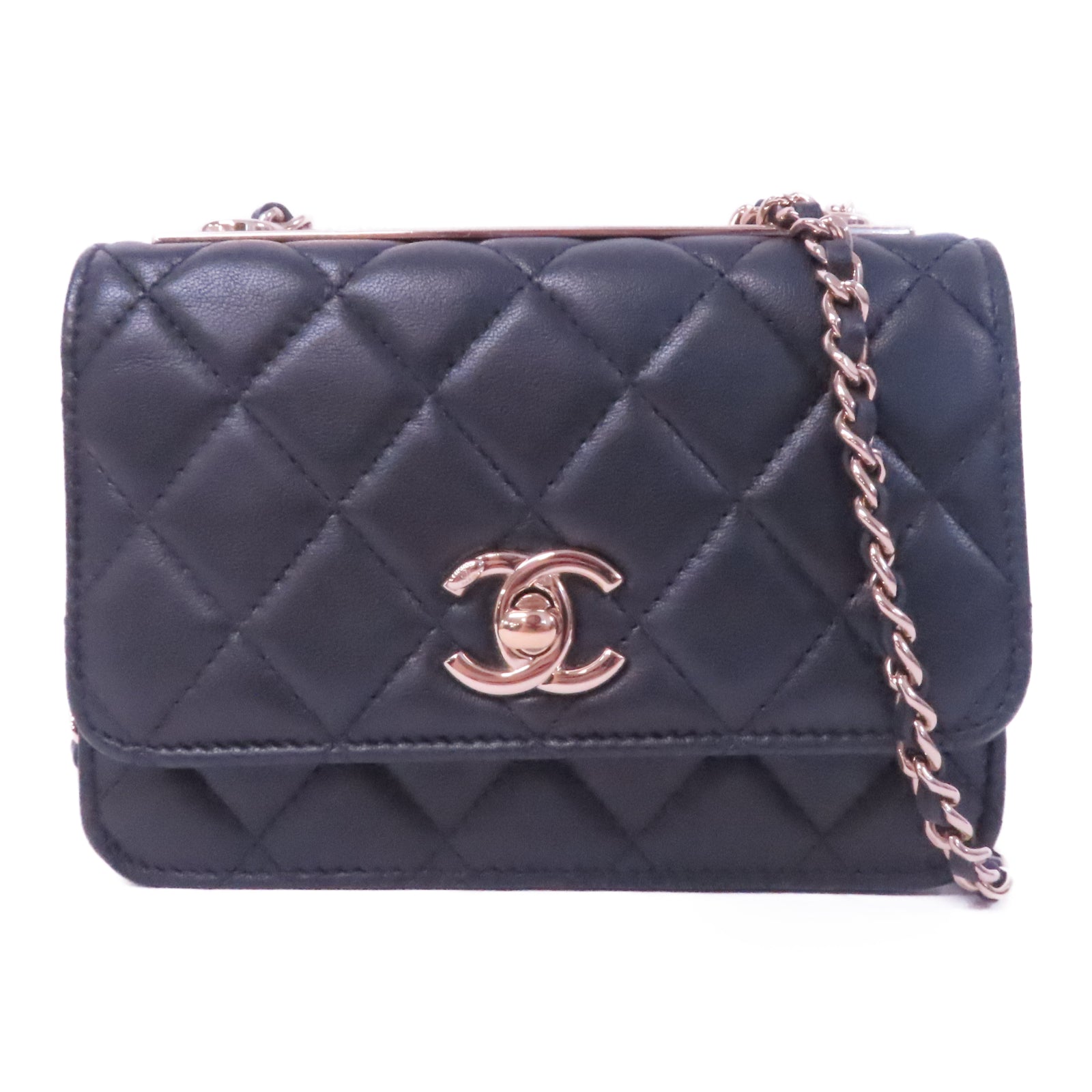CHANEL 菱格牛皮皮革Chain Shoulder銀扣鏈帶肩背袋黑色