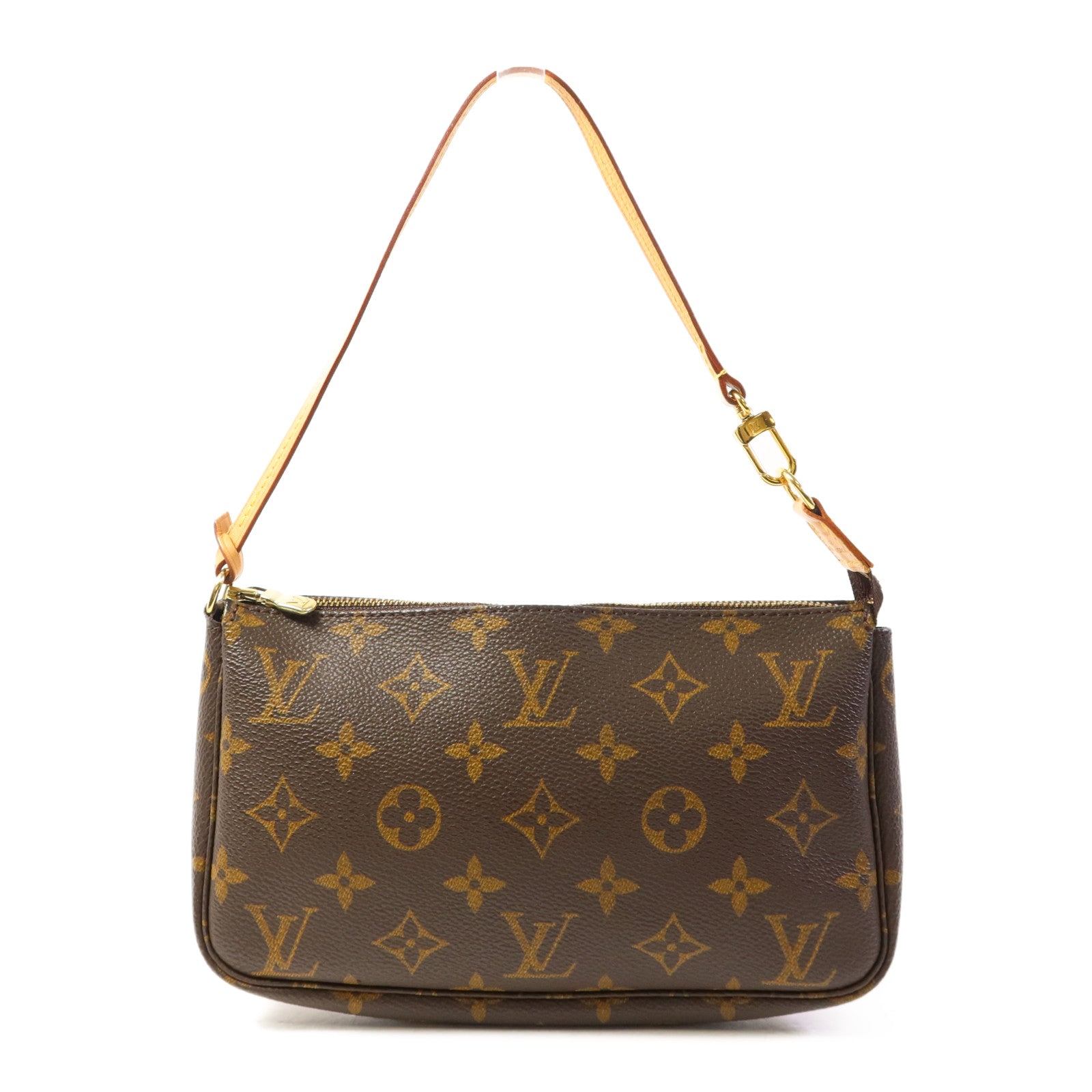 LOUIS VUITTON Monogram Pochette Accessoires金扣手挽袋棕色