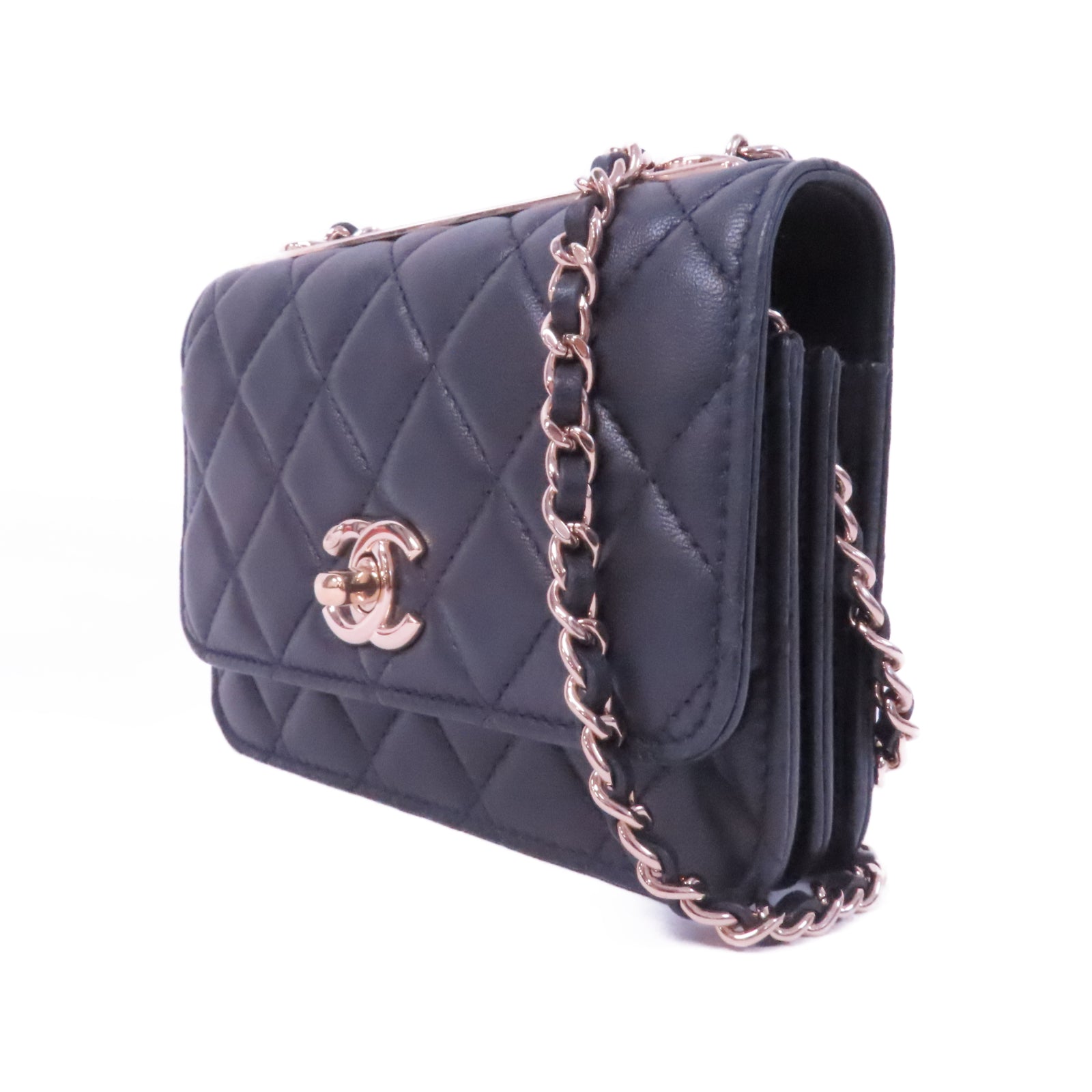 CHANEL 菱格牛皮皮革Chain Shoulder銀扣鏈帶肩背袋黑色