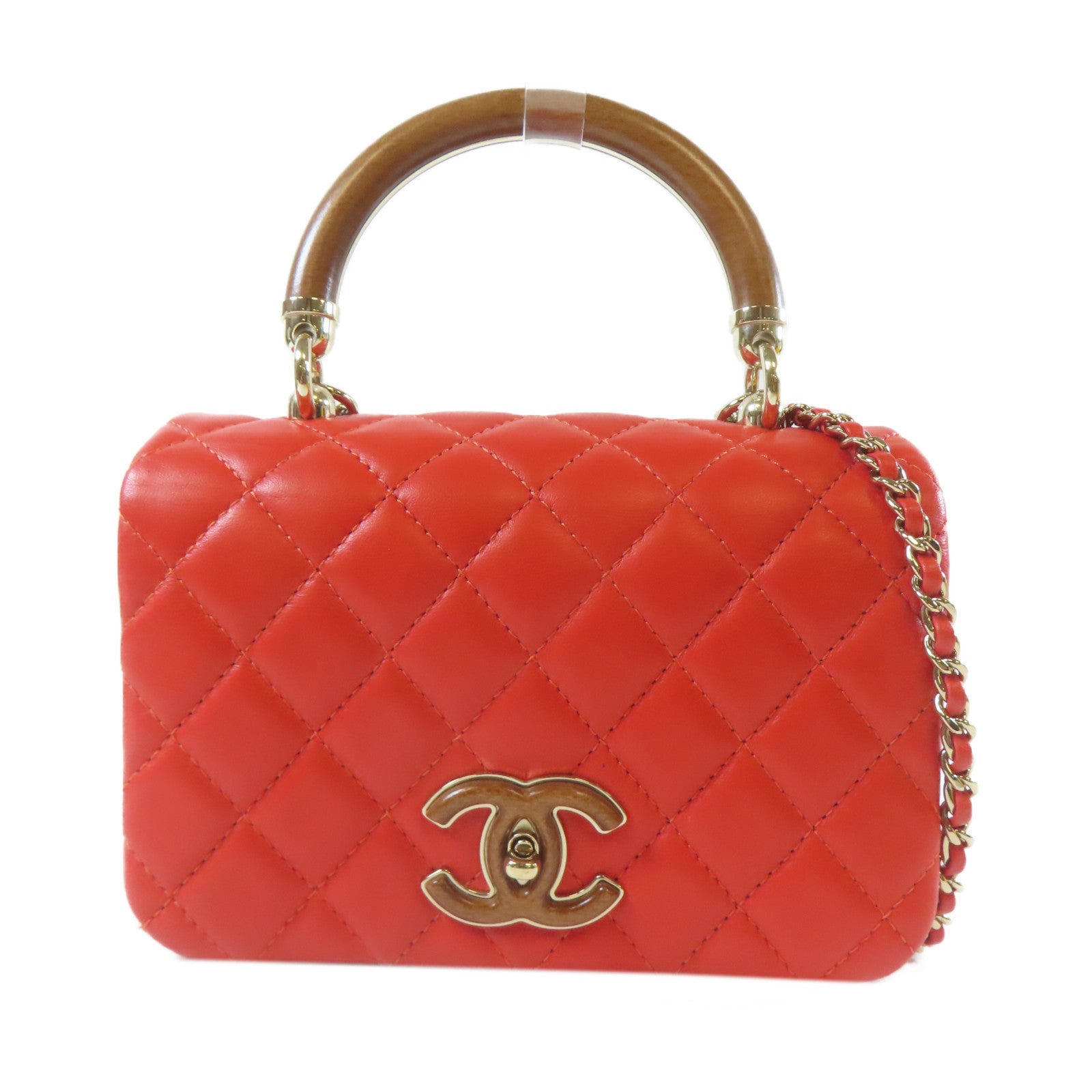 CHANEL 【激減優惠】菱格牛皮皮革Chain Shoulder金扣手挽肩背兩用袋紅色
