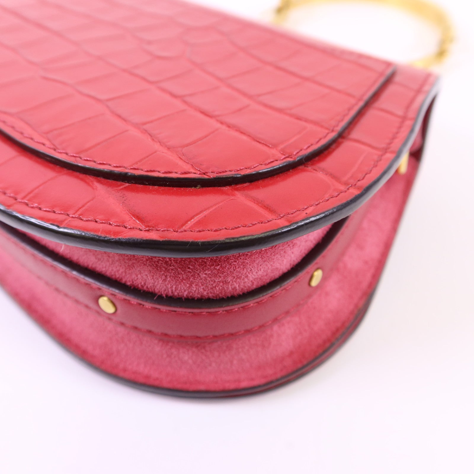 Chloe 牛皮皮革Small Cherry Pink Fuchsia Croc Embossed金扣手挽肩背兩用袋