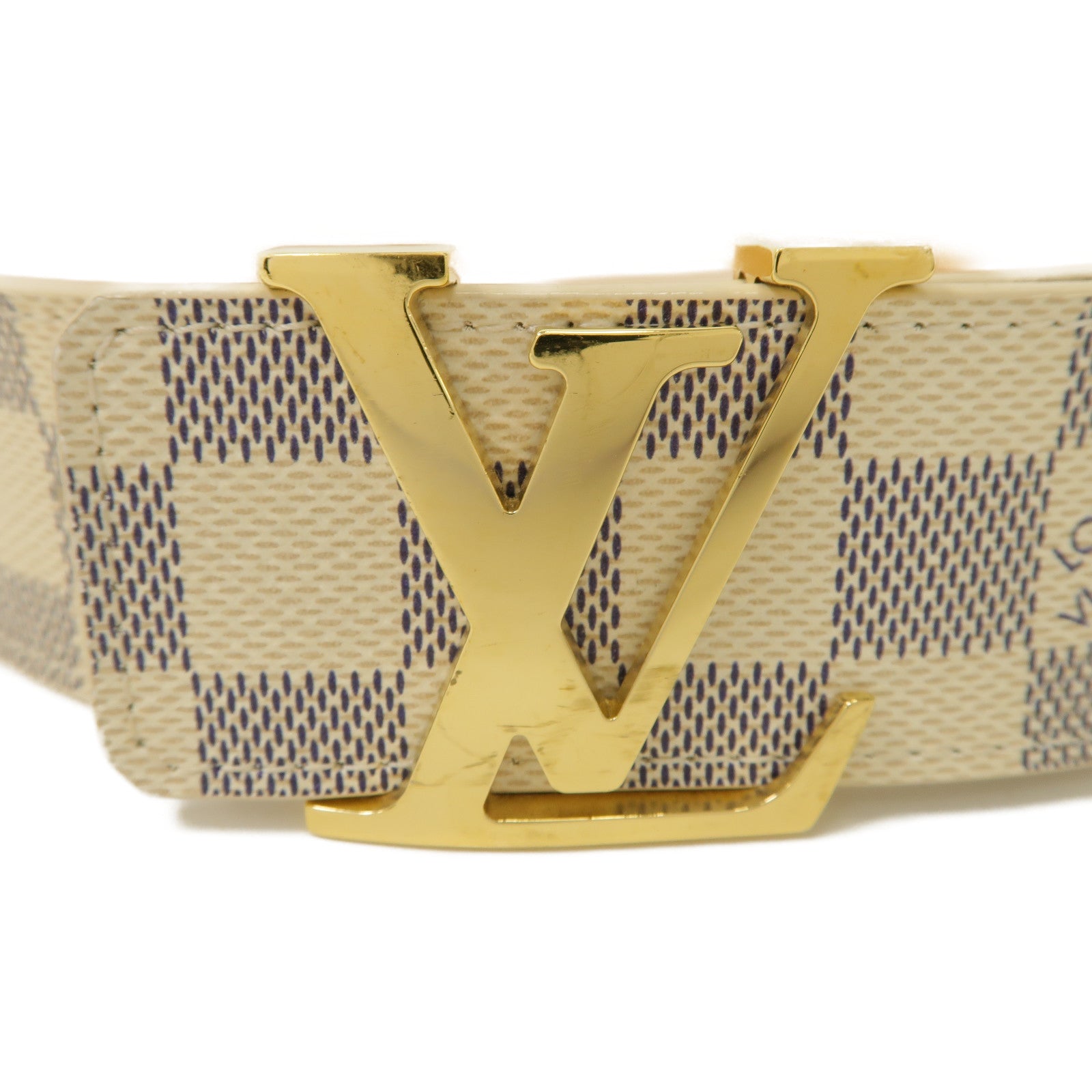 LOUIS VUITTON Damier Azur Belt金扣皮帶白色