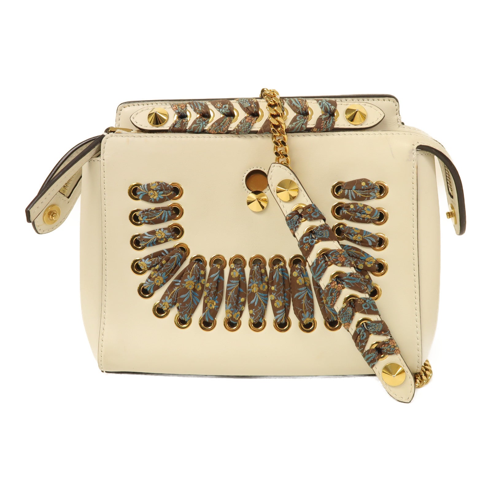 FENDI 牛皮皮革Dotcom金扣鏈帶肩背袋白色
