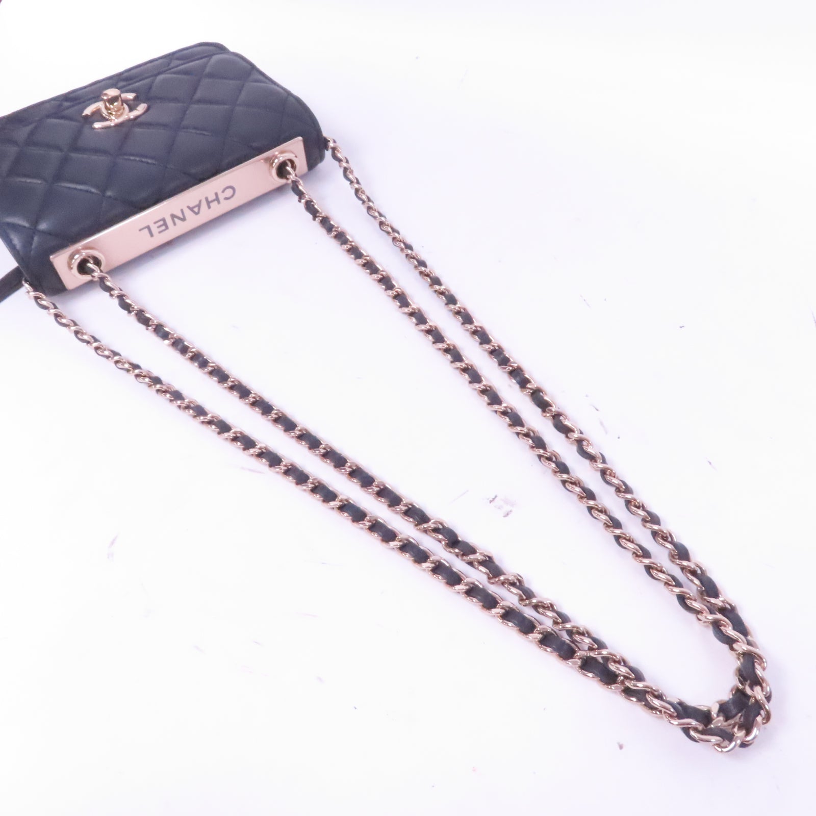 CHANEL 菱格牛皮皮革Chain Shoulder銀扣鏈帶肩背袋黑色