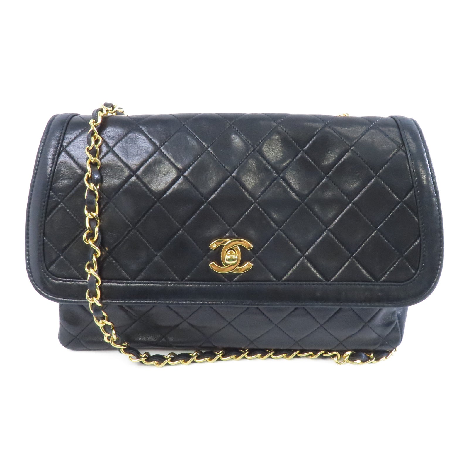CHANEL 菱格羊皮皮革Chain Shoulder金扣鏈帶肩背袋黑色