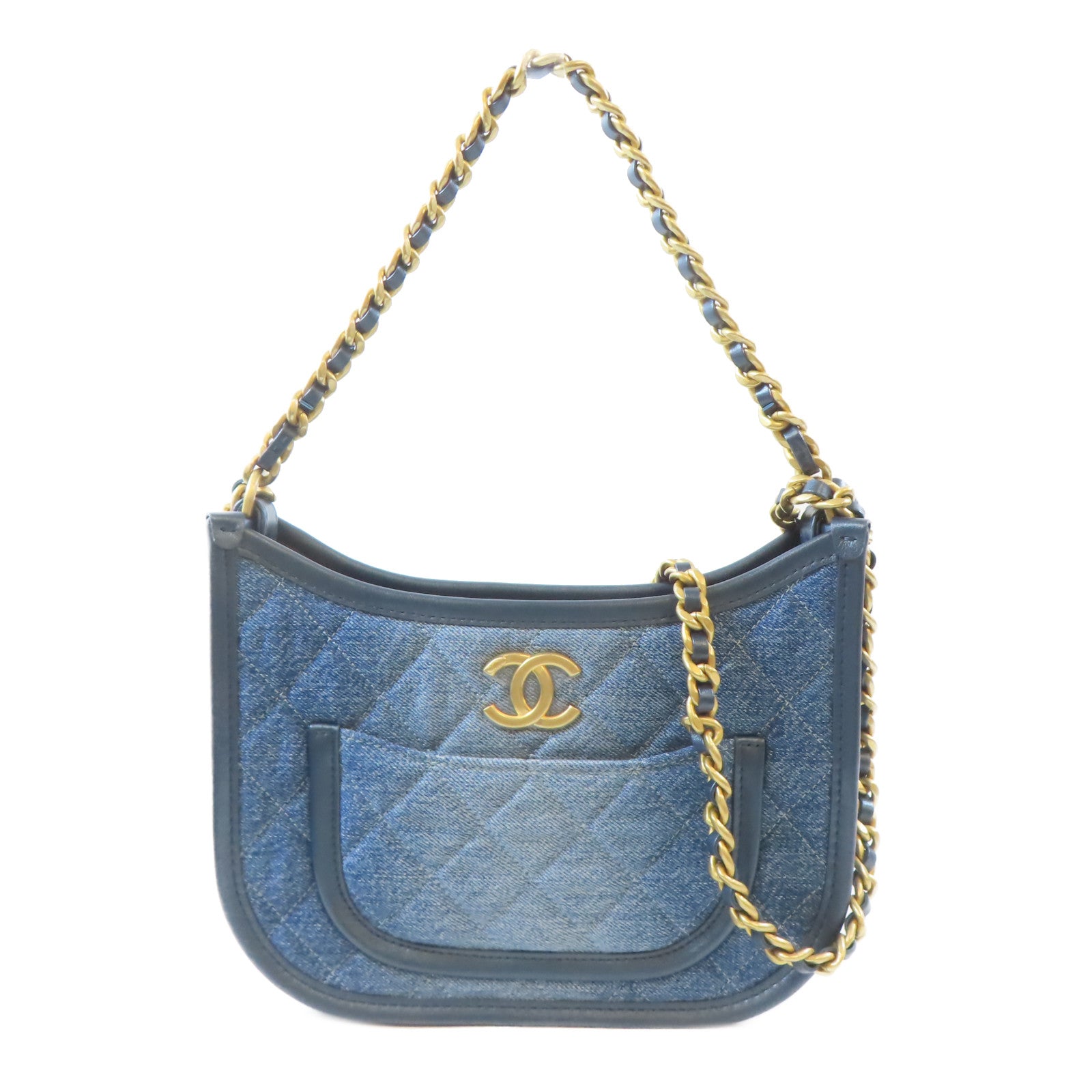 CHANEL 牛仔布料Hobo Bag金扣手挽肩背兩用袋藍色