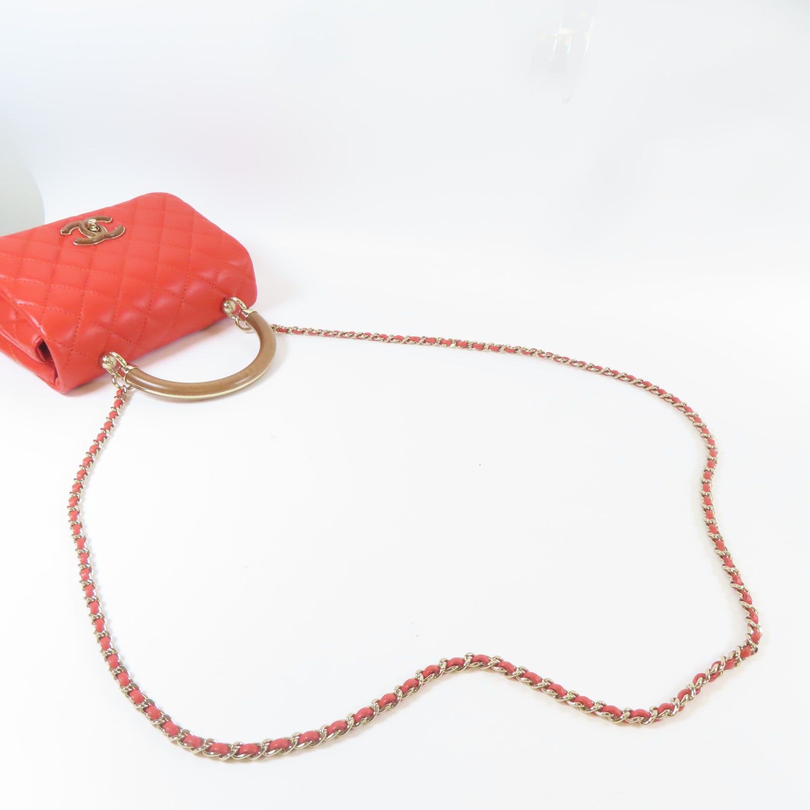 CHANEL 【激減優惠】菱格牛皮皮革Chain Shoulder金扣手挽肩背兩用袋紅色