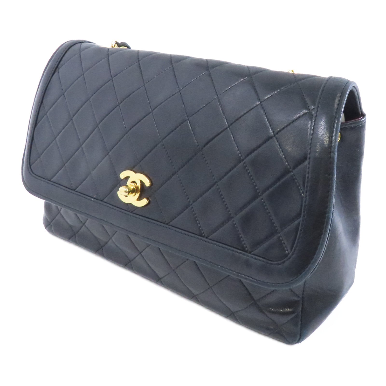 CHANEL 菱格羊皮皮革Chain Shoulder金扣鏈帶肩背袋黑色