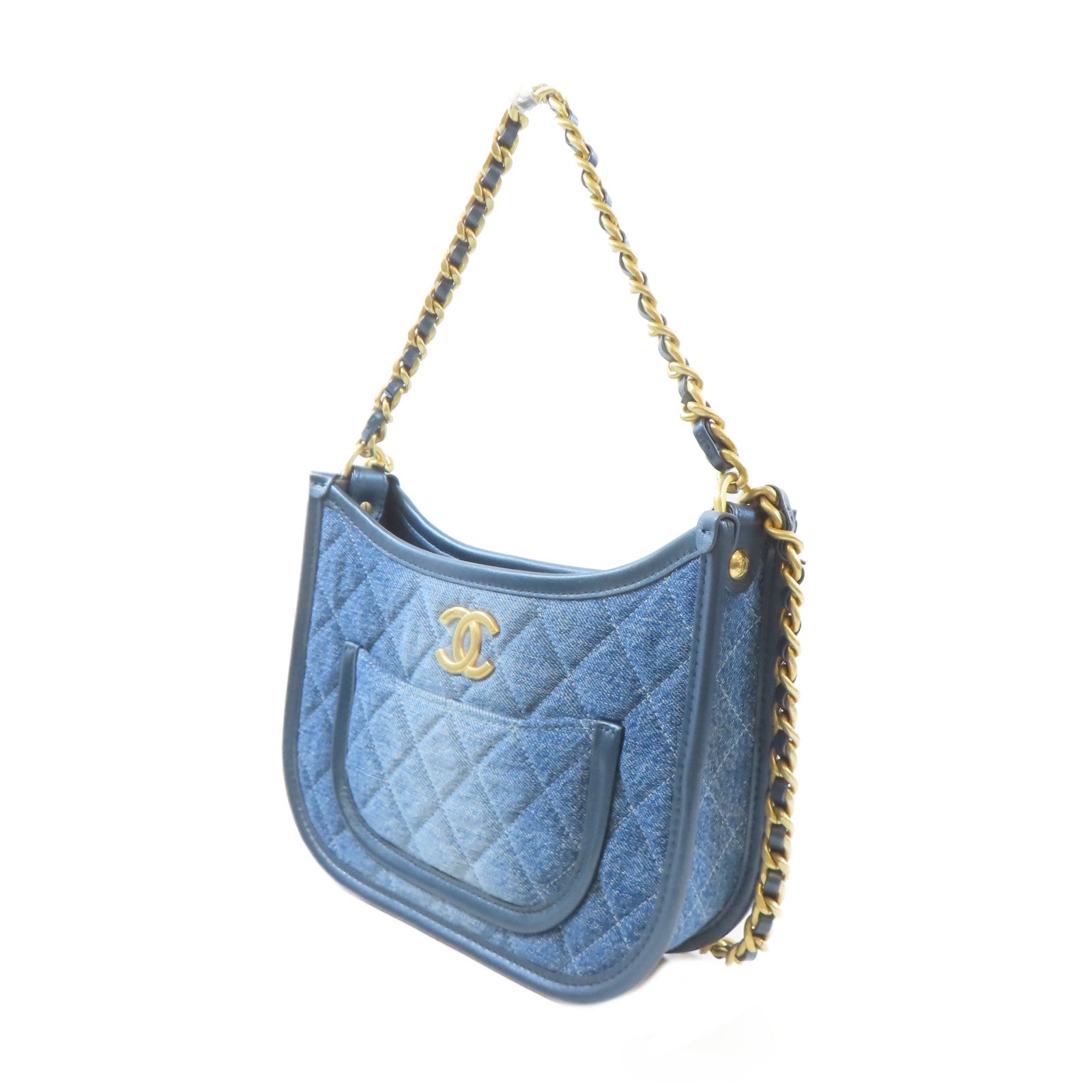 CHANEL 牛仔布料Hobo Bag金扣手挽肩背兩用袋藍色